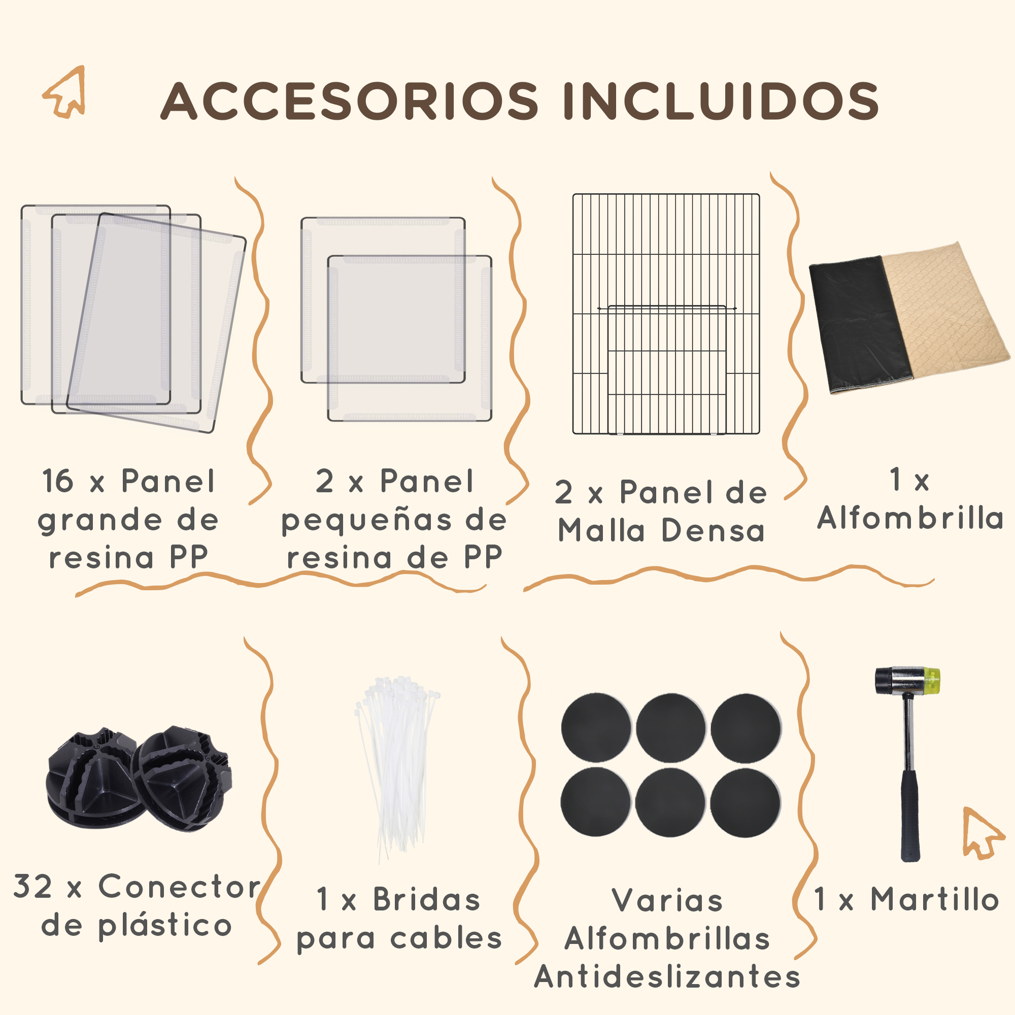 Diagrama que muestra los accesorios incluidos como paneles de resina, mallas, conectores, bridas y martillo.