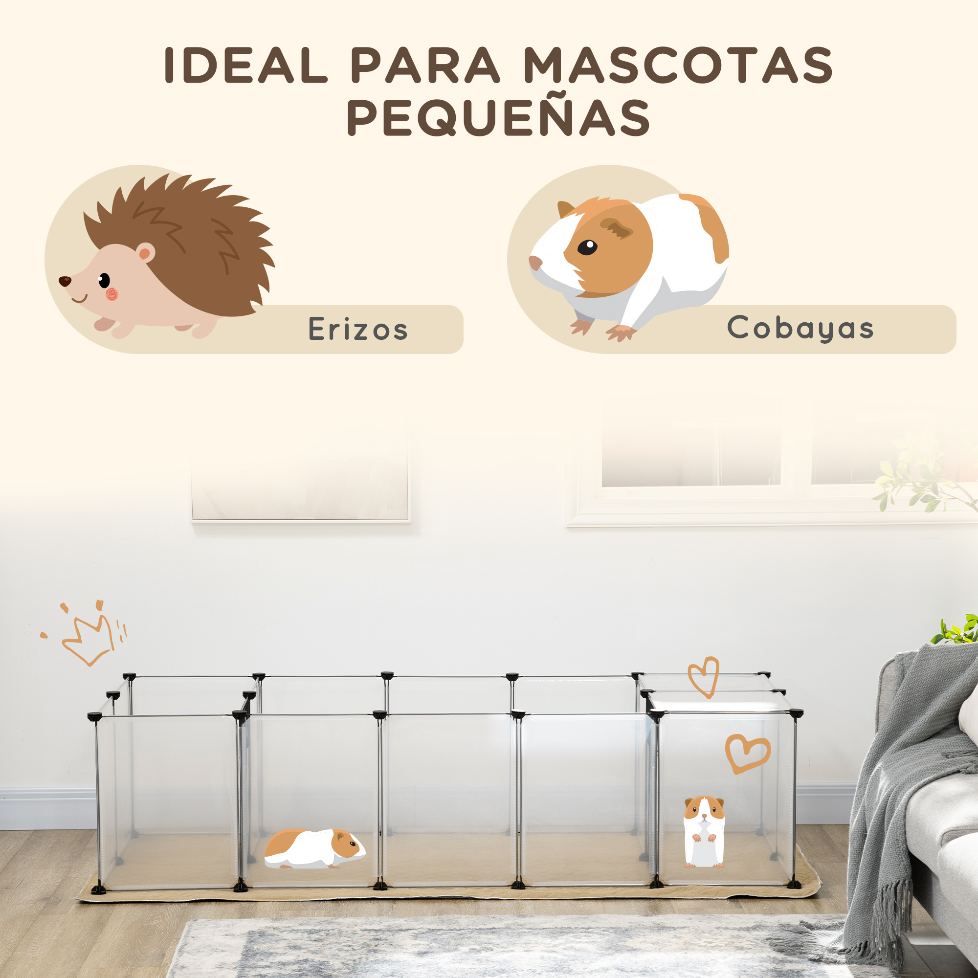Recinto modular para pequeñas mascotas como erizos y cobayas, colocado en una sala de estar sobre una alfombra.
