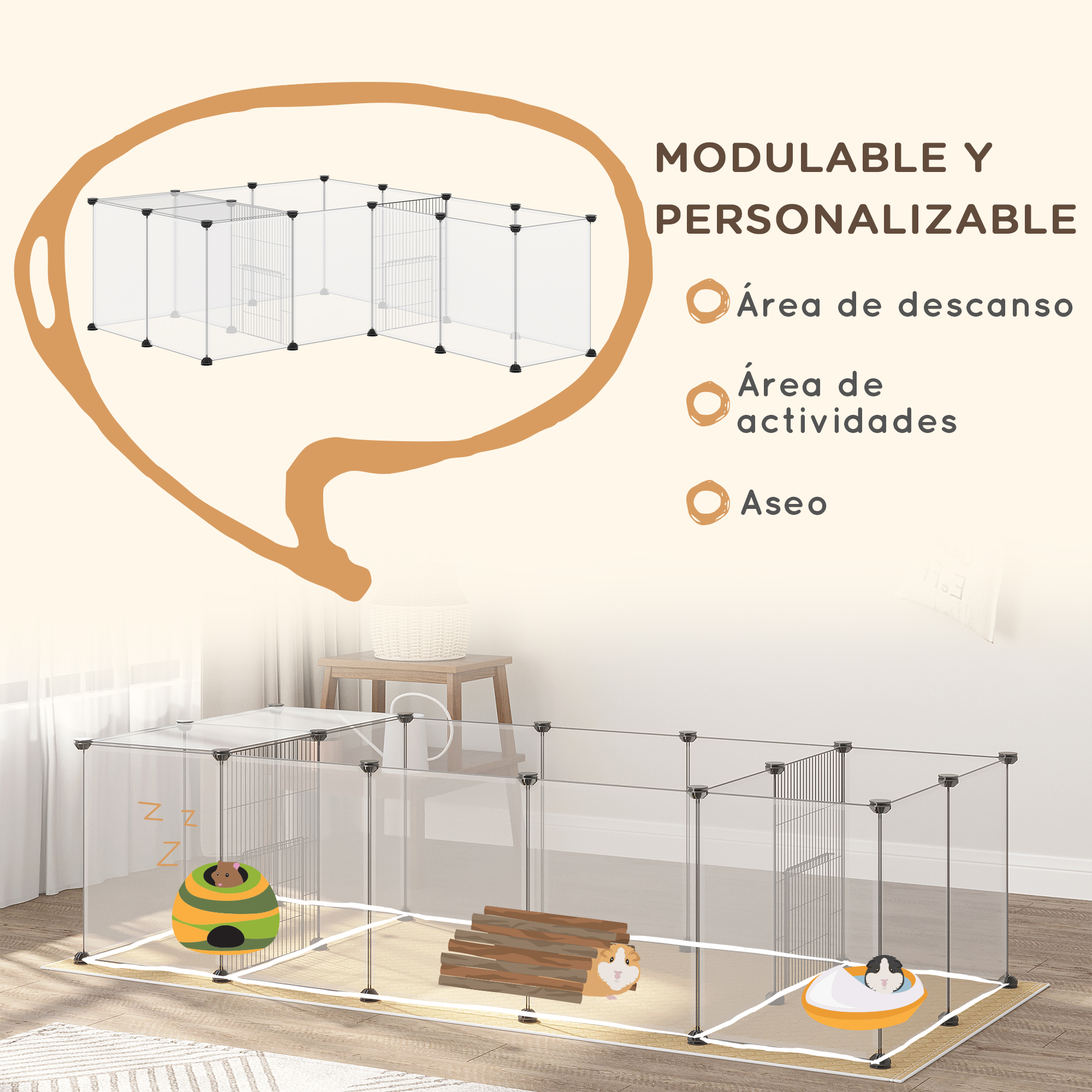 Jaula modular para mascotas con áreas de descanso y juego.