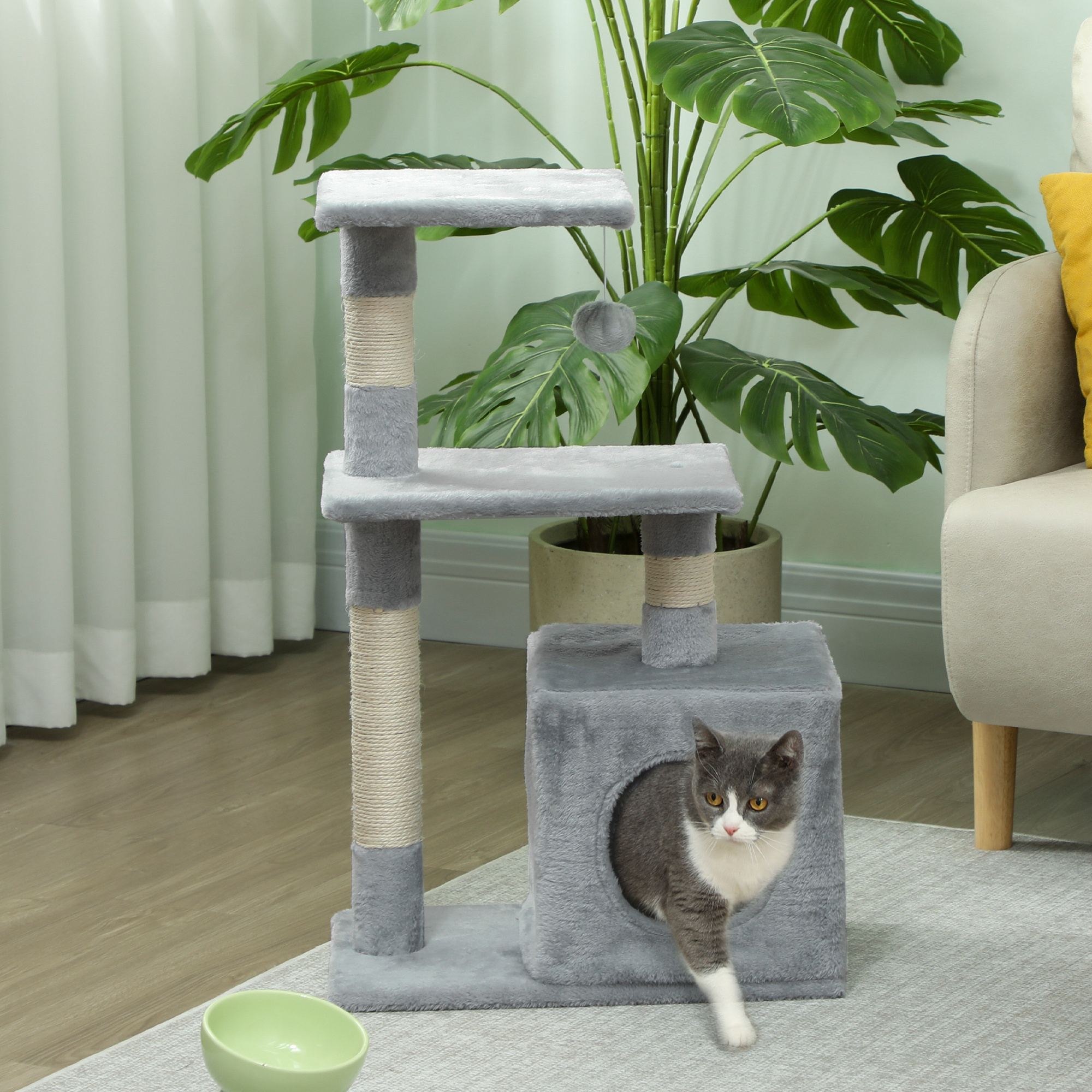 Un gatto grigio e bianco esce da un tiragraffi grigio a più livelli in un soggiorno.