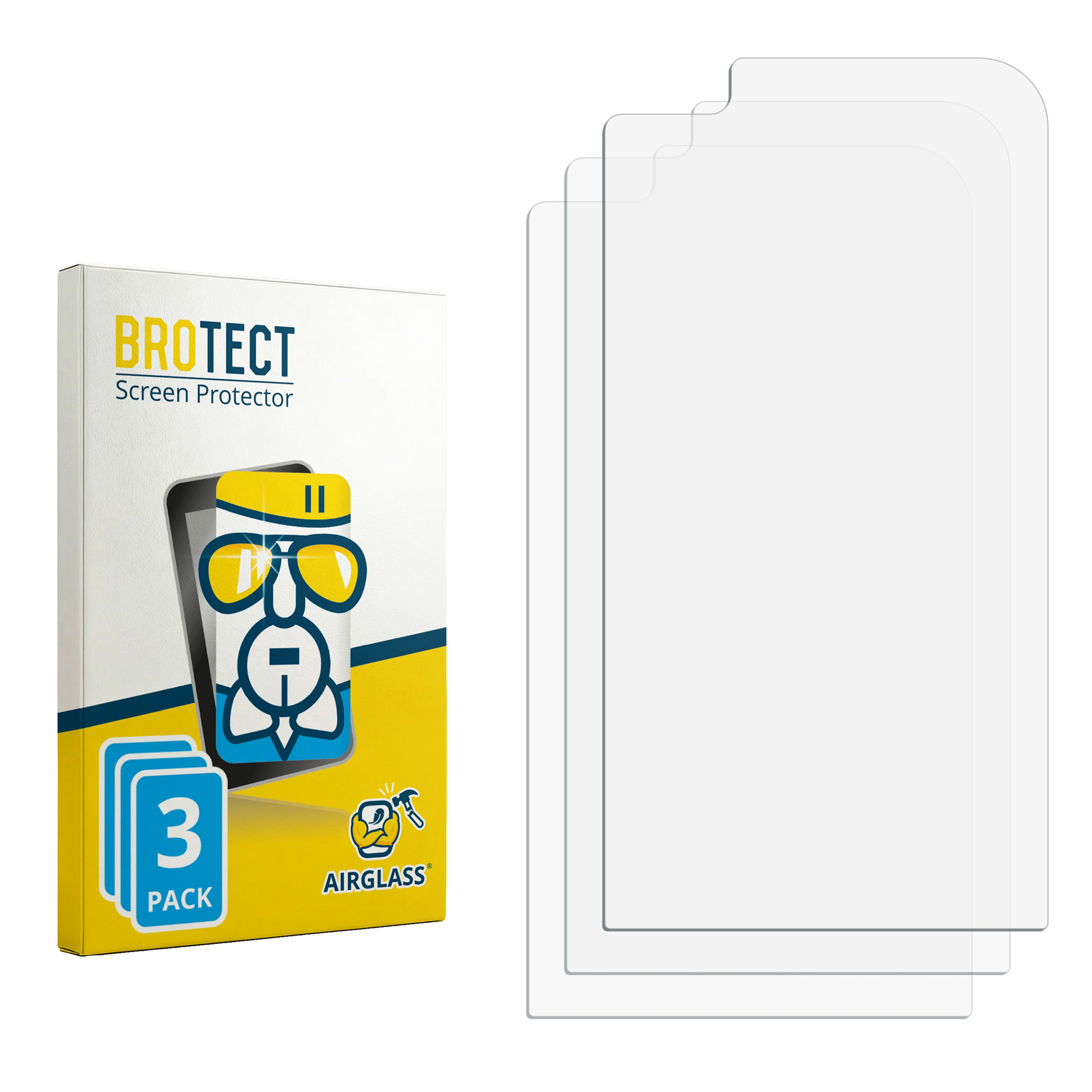 BROTECT AirGlass Displayschutzfolie Verpackung mit drei transparenten Schutzfolien daneben.