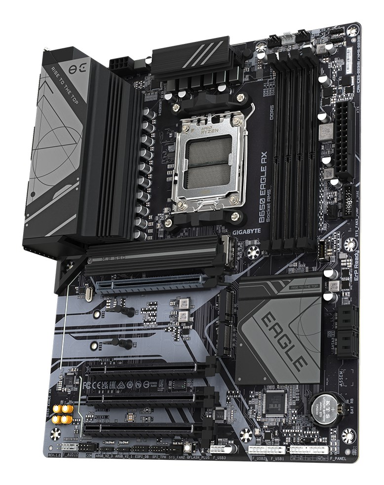 Schwarzes Gigabyte B650 Eagle AX Motherboard mit Kühlkörpern, CPU-Sockel und PCIe-Slots auf weißem Hintergrund.