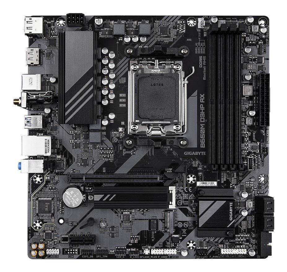 A black Gigabyte B650M D3HP AX motherboard with an AMD AM5 socket and various ports on a white background.