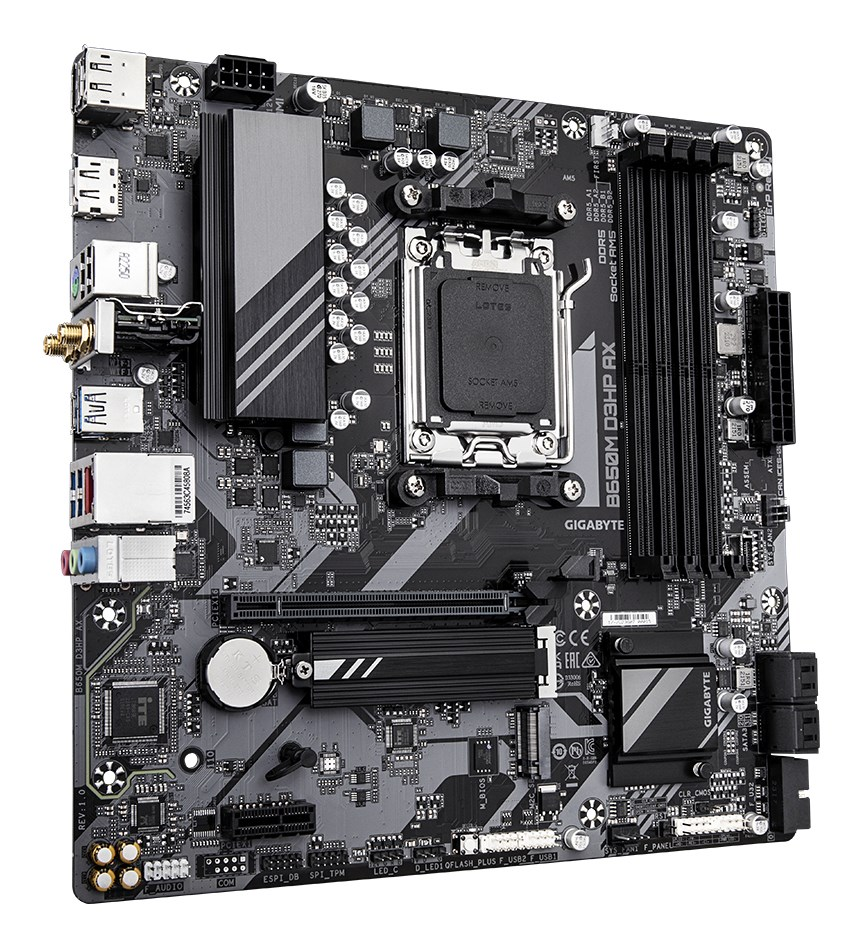 A black Gigabyte B650M D3HP AX motherboard featuring an AM5 socket, PCIe slots, and RAM banks.