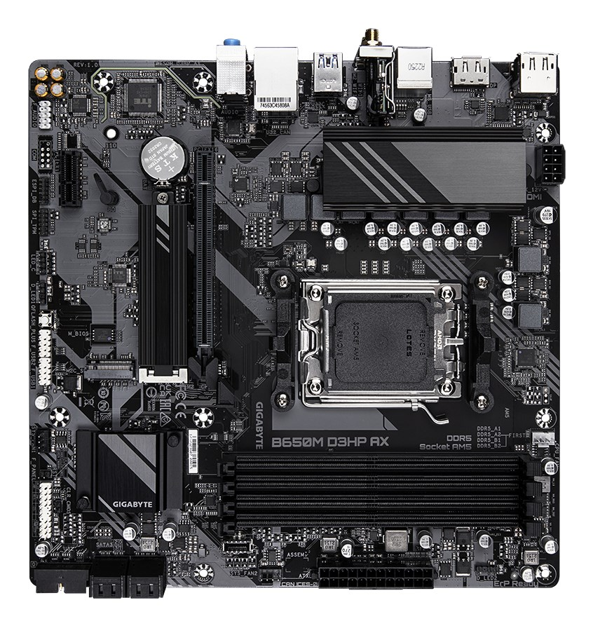 A black computer motherboard featuring an AM5 socket, DDR5 memory slots, and silver heatsinks on a white background.