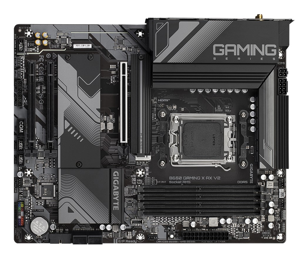 A black Gigabyte B650 Gaming X AX V2 motherboard with heatsinks and CPU socket.