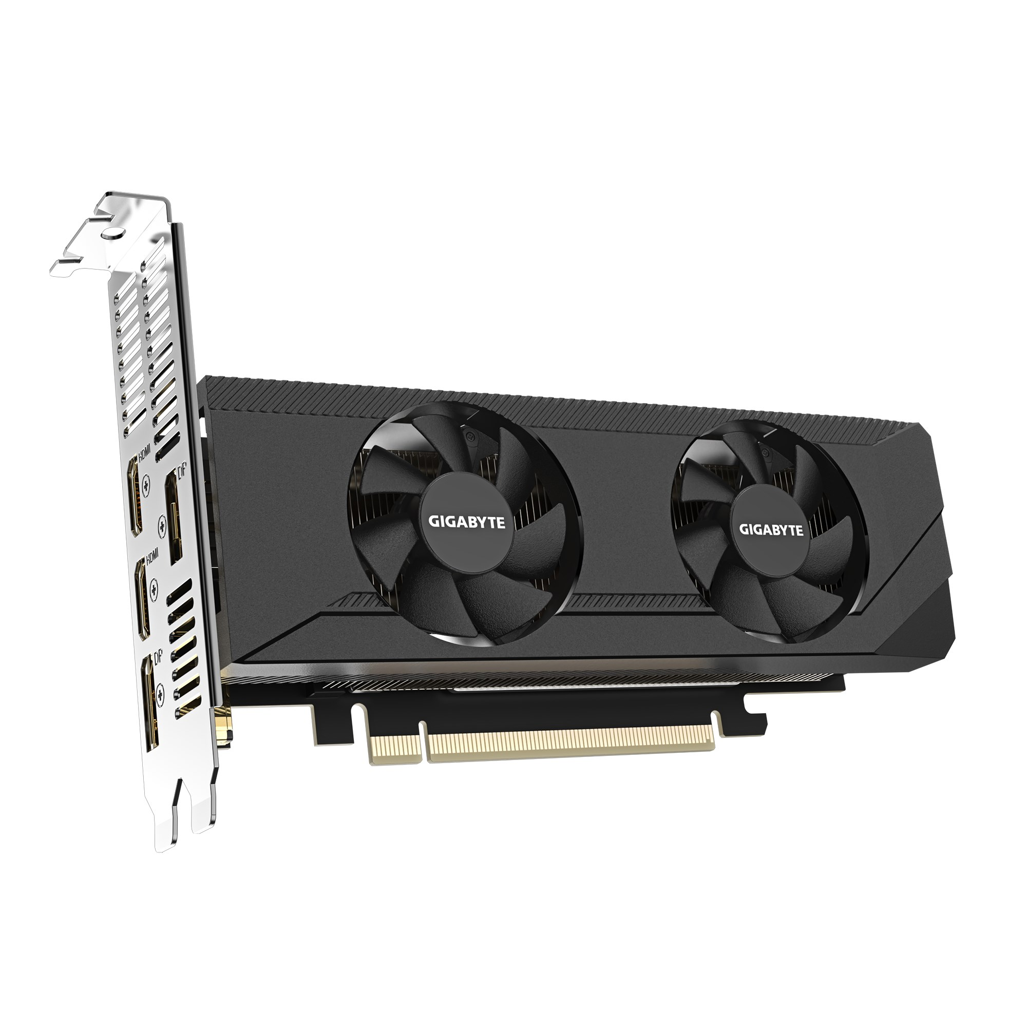 Schwarze Gigabyte Grafikkarte mit zwei Lüftern und Metallhalterung.