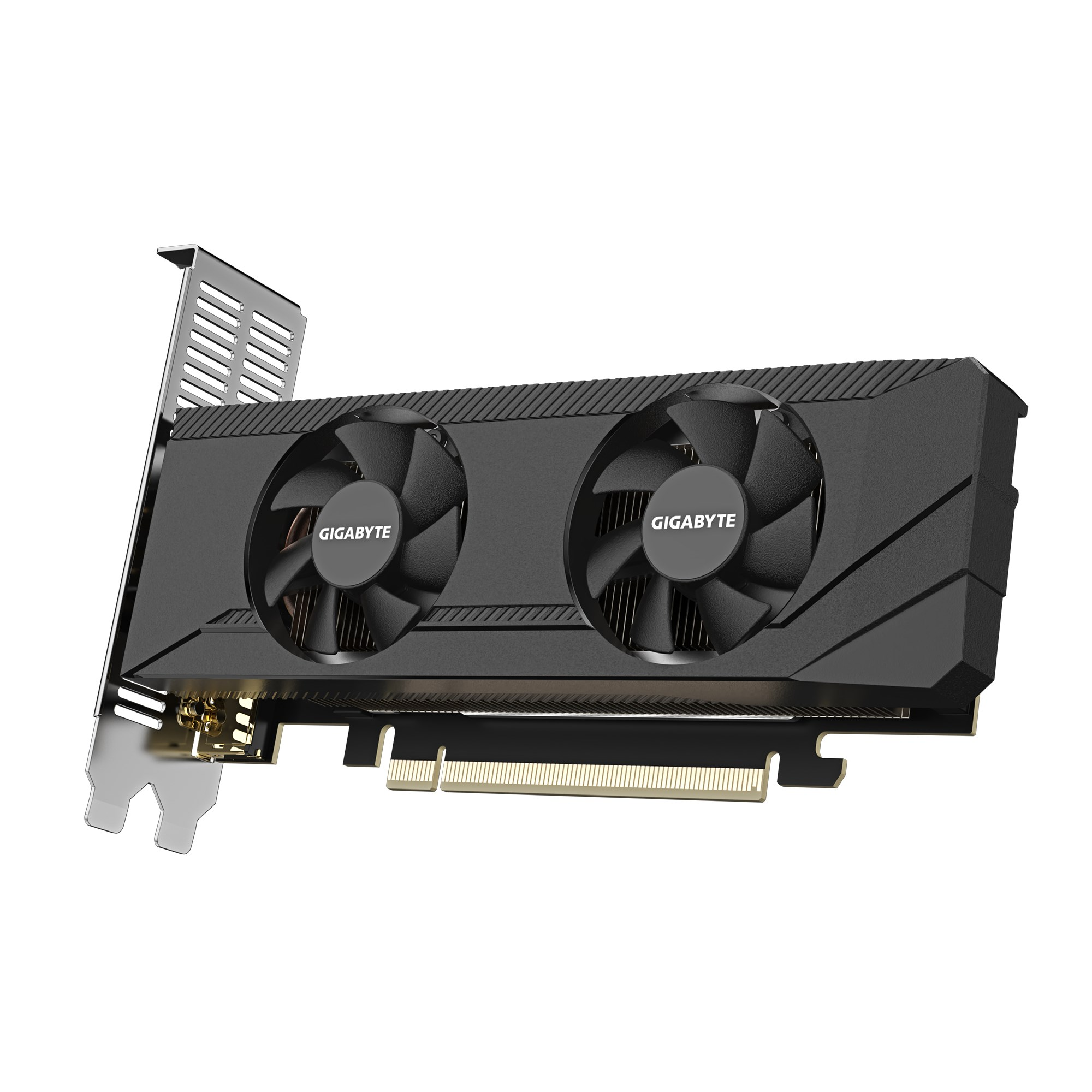 Schwarze Gigabyte-Grafikkarte mit zwei Kühllüften und PCIe-Anschluss auf weißem Hintergrund.