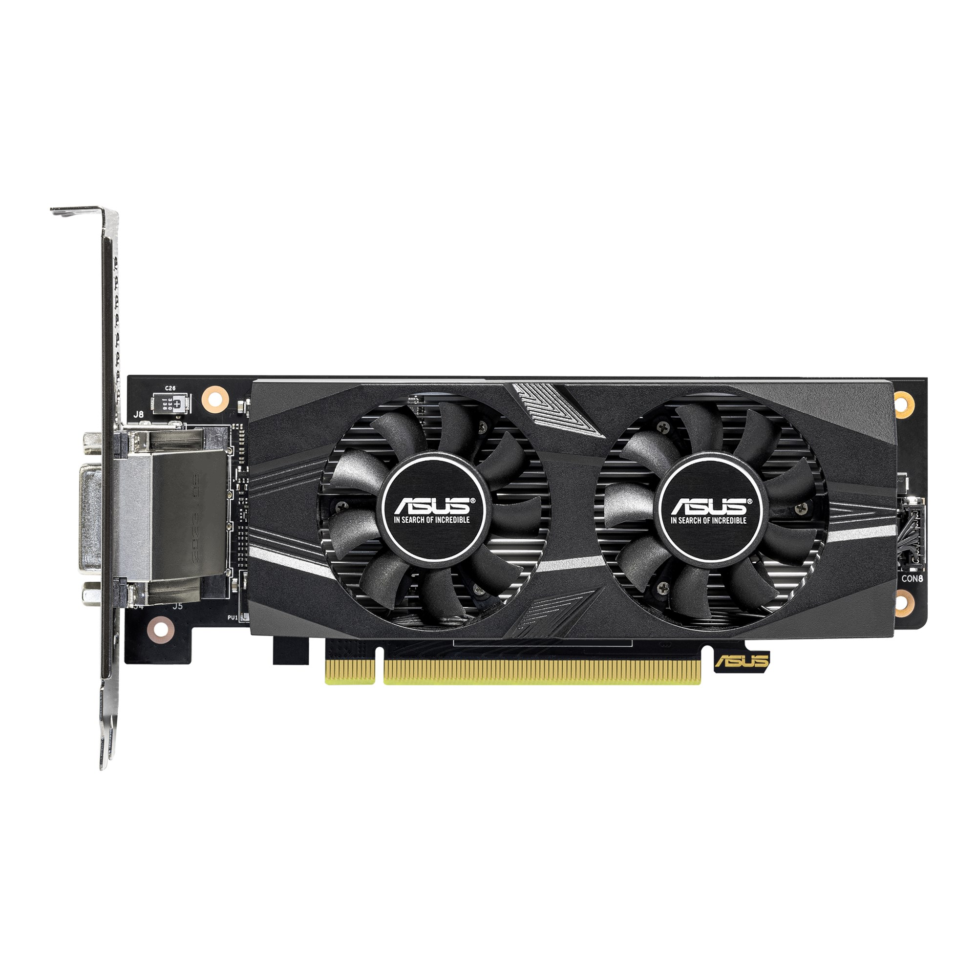 Eine schwarze Asus-Grafikkarte mit zwei Lüftern und Metallhalterung auf weißem Hintergrund.