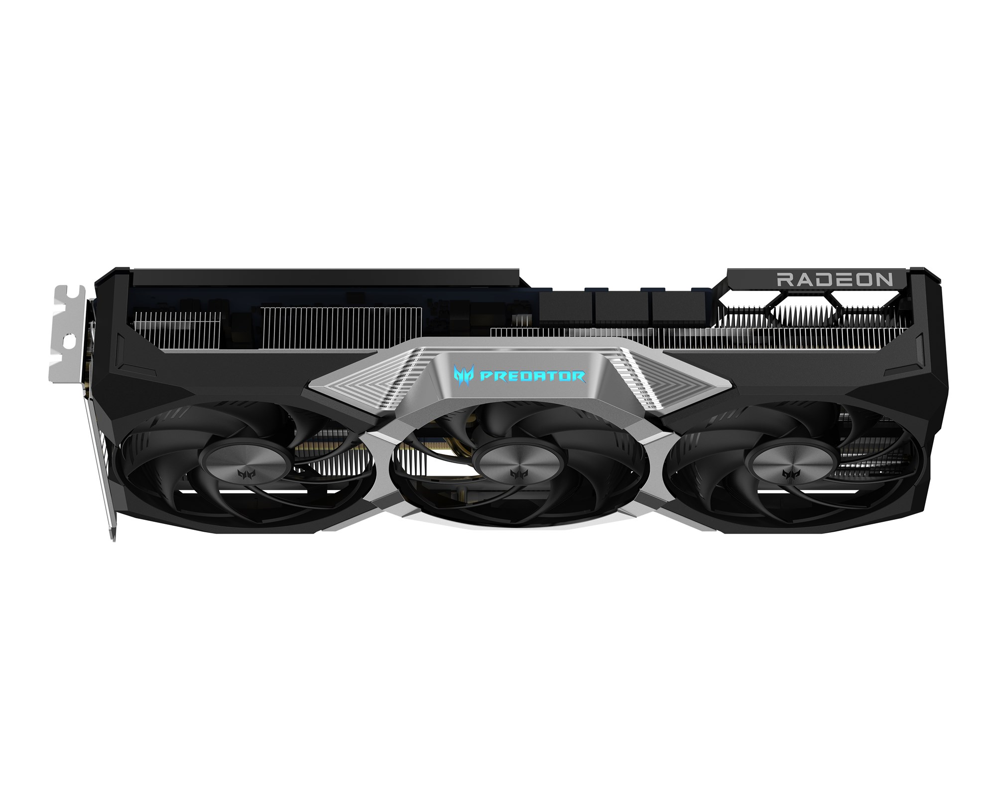 Scheda grafica nera Acer Predator Radeon con tre ventole e un accento argento su sfondo bianco.