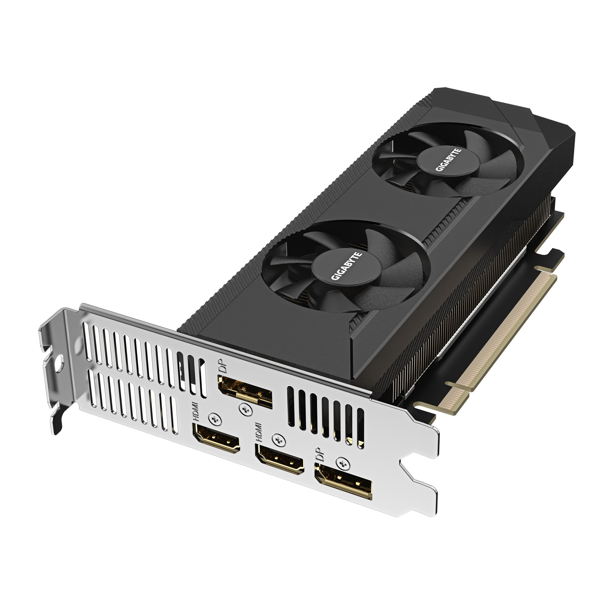 Eine schwarze Gigabyte-Grafikkarte mit zwei Lüftern und vergoldeten Anschlüssen auf der Rückseite.