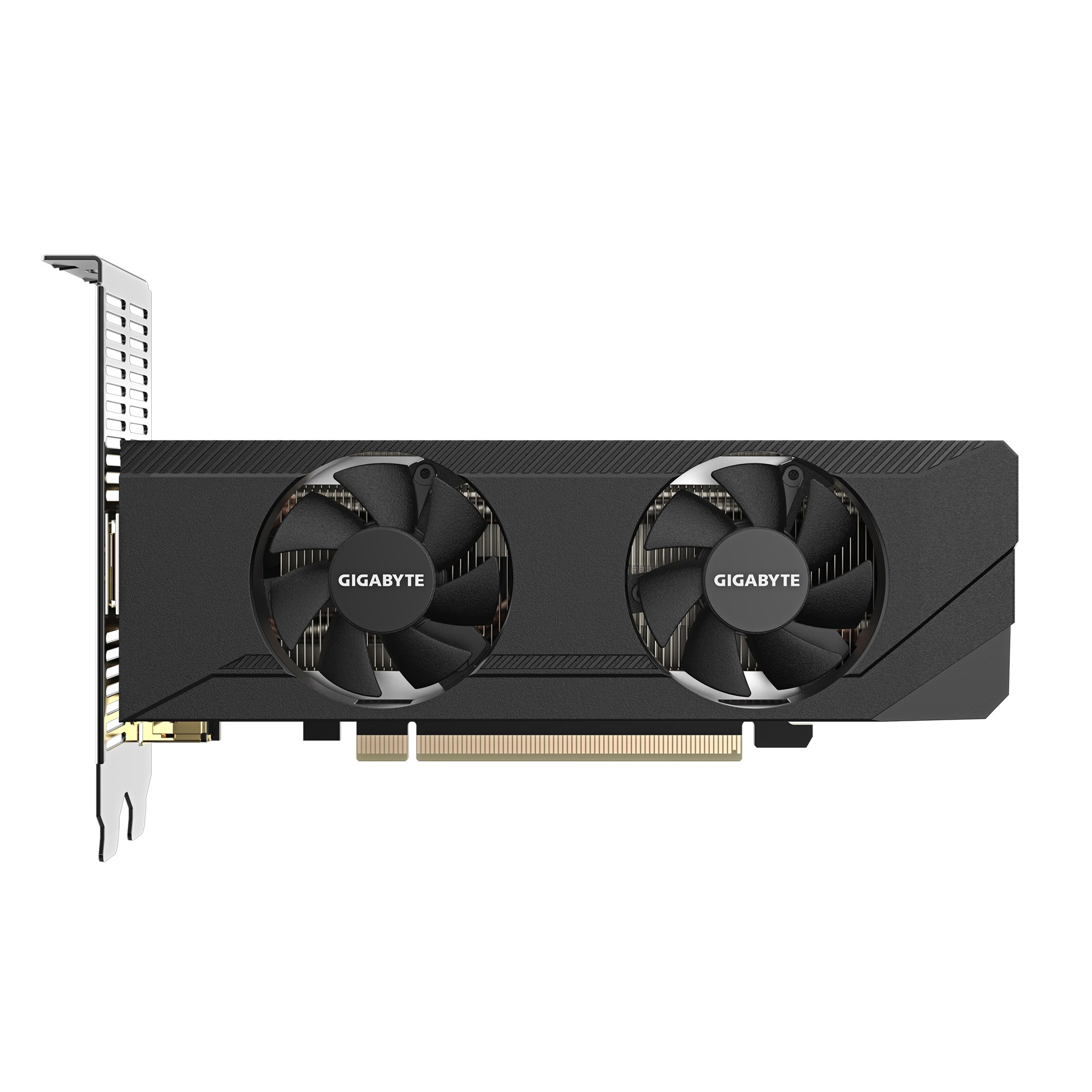 Schwarze Gigabyte-Grafikkarte mit zwei Kühlventilatoren und silbernem PCIe-Bracket auf weißem Hintergrund.