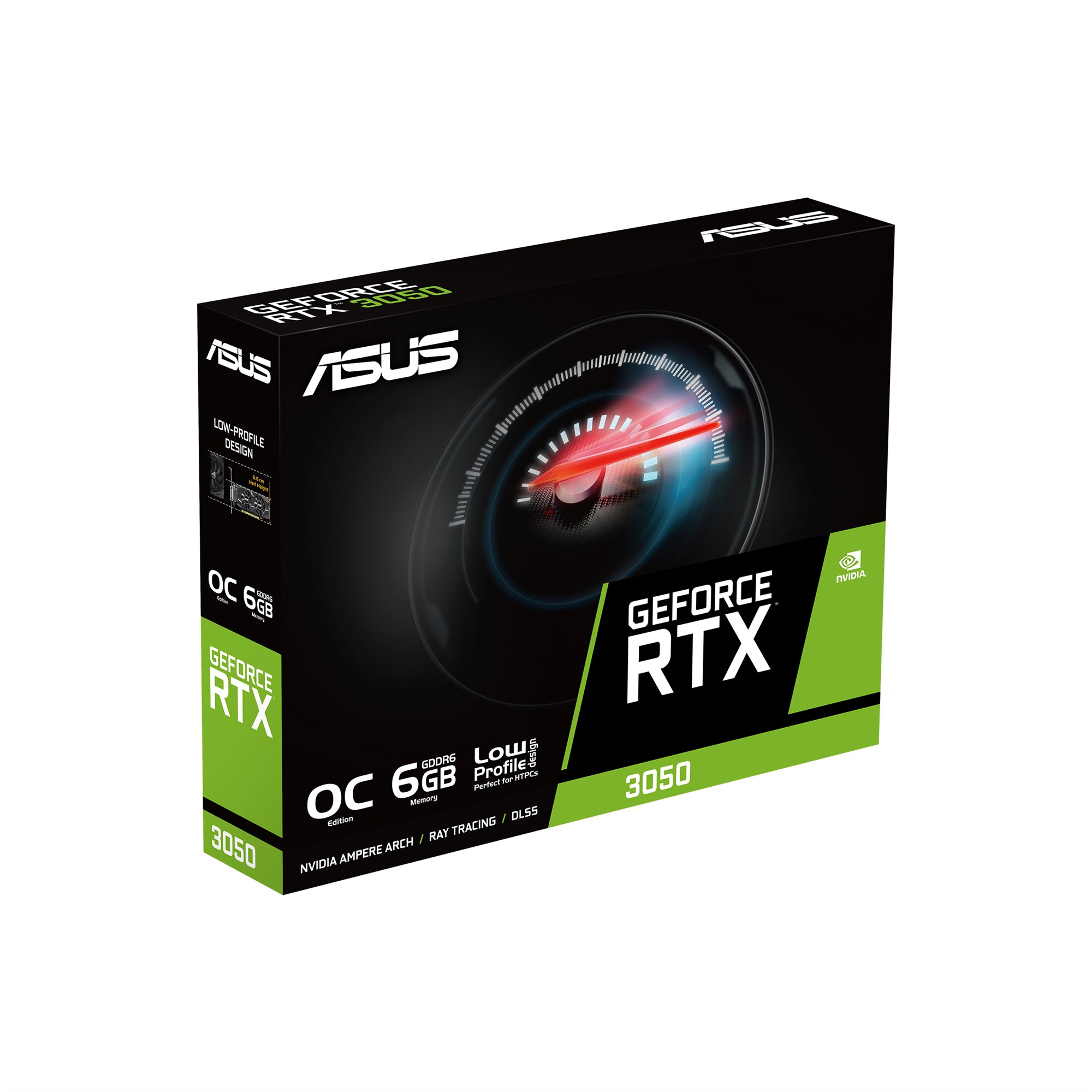 Verpackung der ASUS GeForce RTX 3050 Grafikkarte mit schwarzem Design und grünem Akzent.