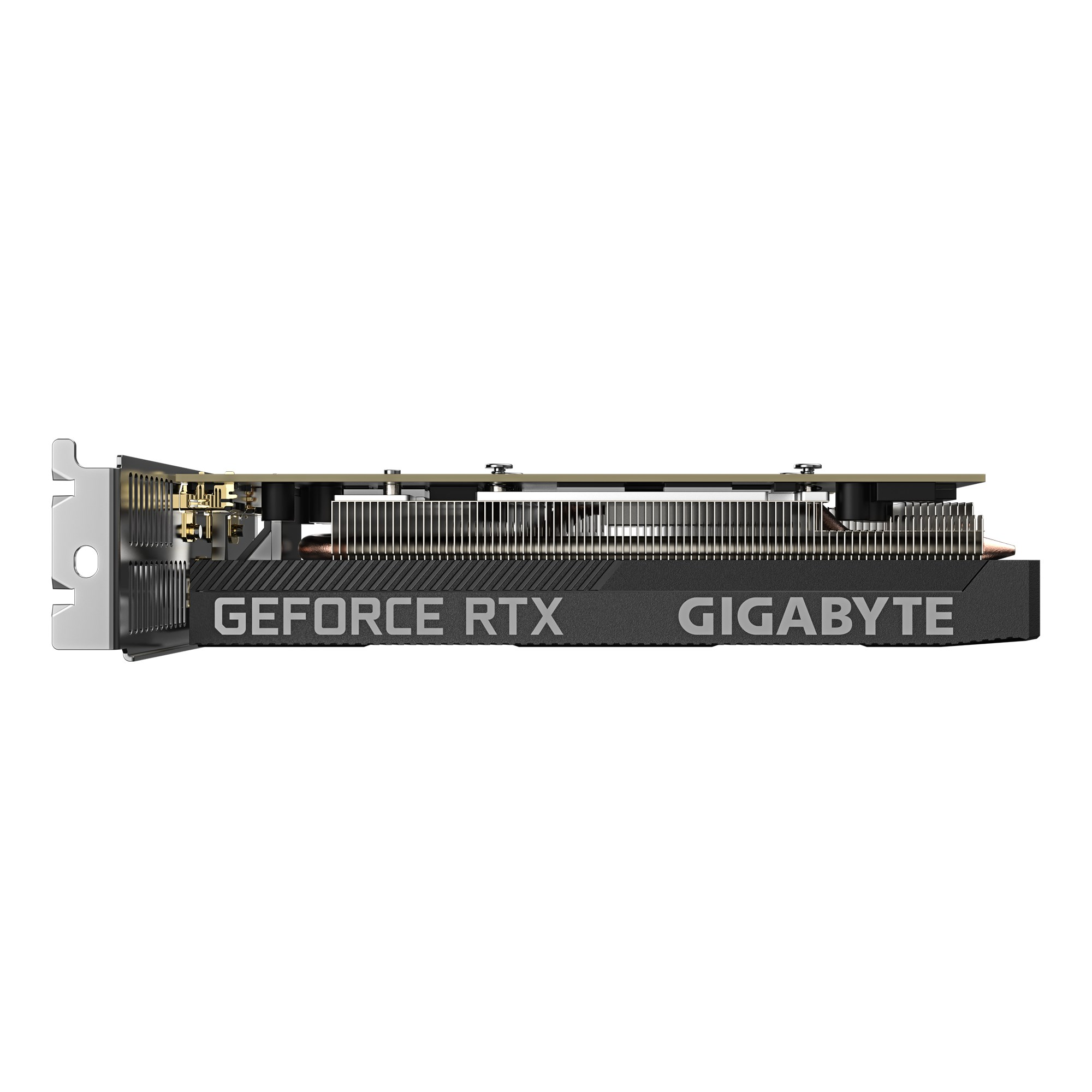 Seitenansicht einer Gigabyte GeForce RTX Grafikkarte mit Kühlrippen und Logo auf schwarzem Gehäuse vor weißem Hintergrund.