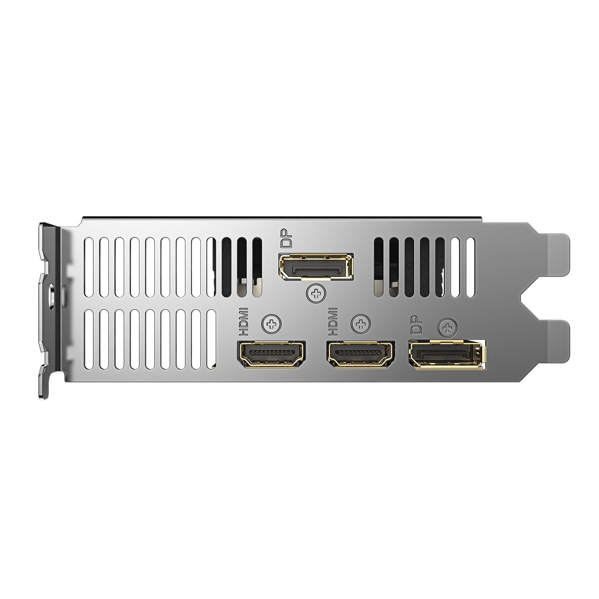 Metall-I/O-Blende mit zwei HDMI- und zwei DisplayPort-Anschlüssen.