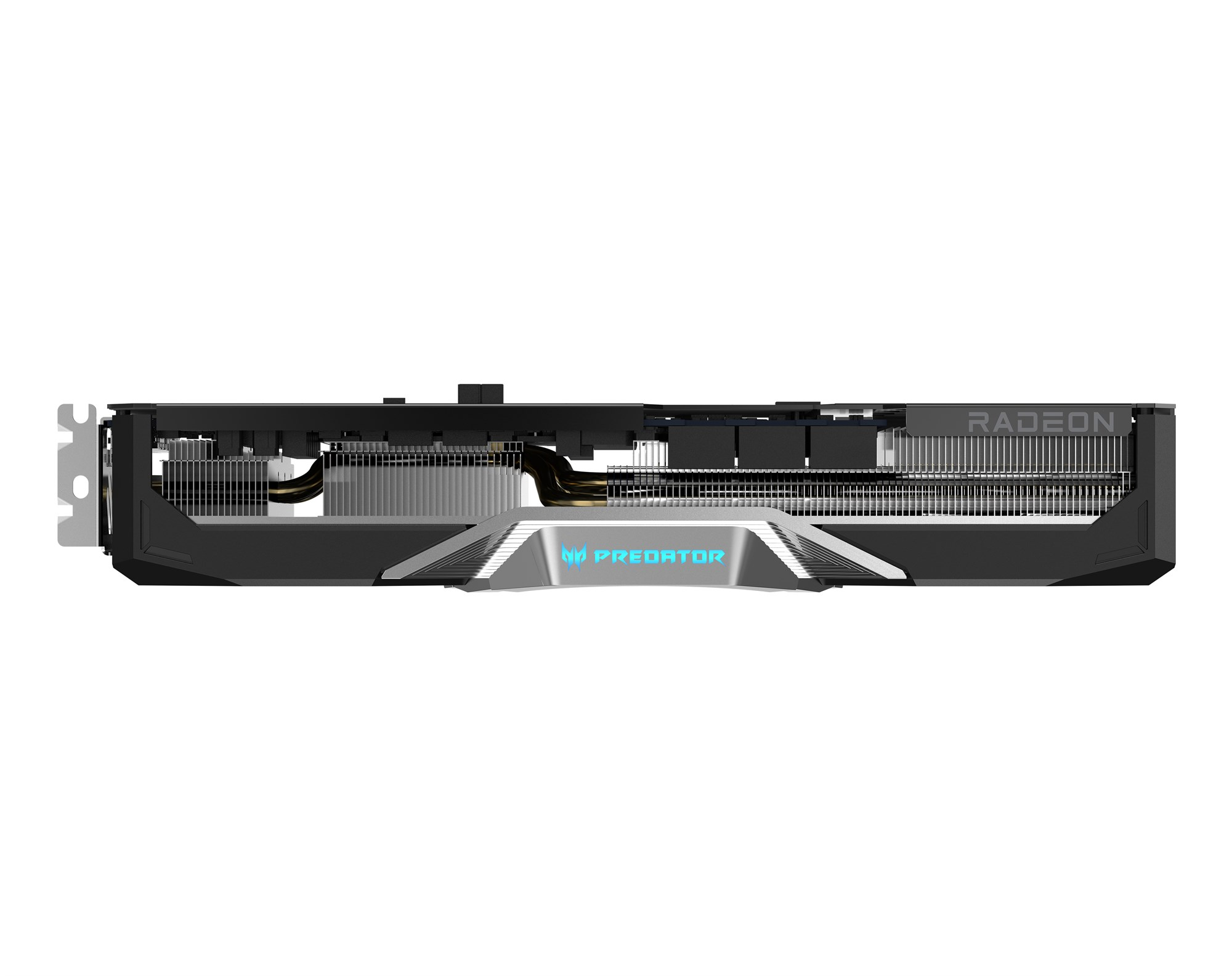 Scheda grafica Acer Predator Radeon nera e argento con illuminazione blu e grandi alette di raffreddamento.