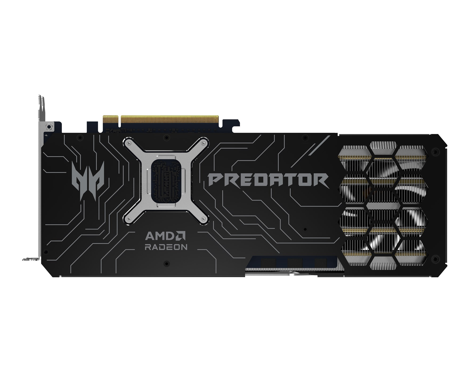 Una scheda grafica nera Acer Predator AMD Radeon su sfondo bianco, con motivi di circuiti e una ventola.