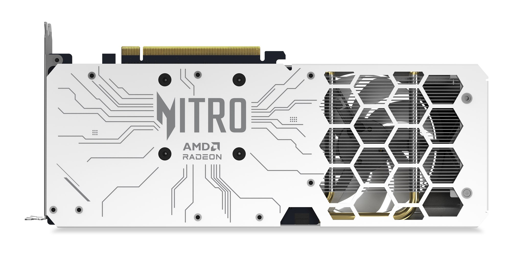 Scheda video bianca AMD Radeon NITRO con motivi di circuiti e griglia di ventilazione a nido d'ape.