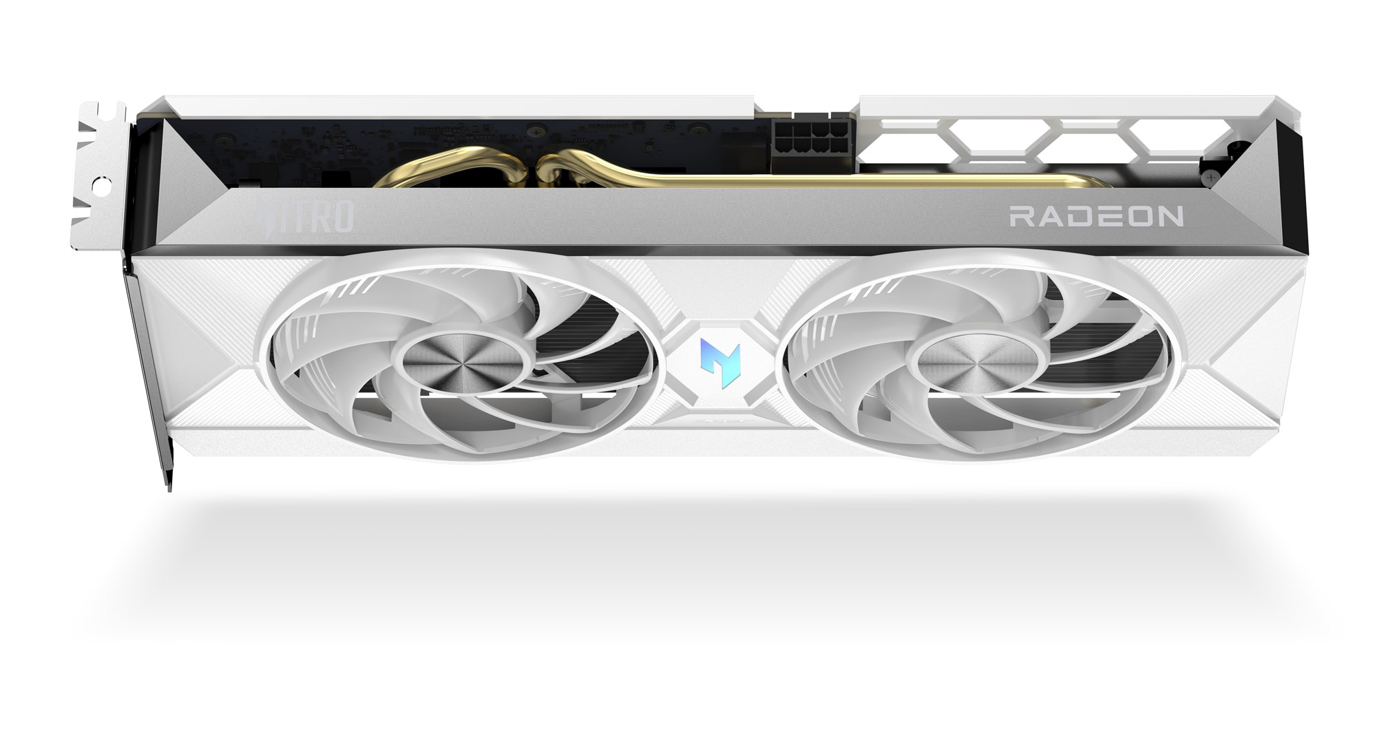 Una scheda grafica Radeon bianca con due grandi ventole, tubi di calore dorati e un logo luminoso al centro.