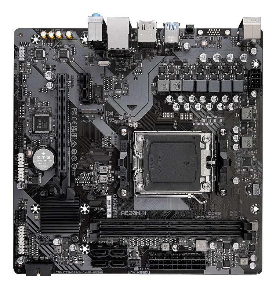 A black computer motherboard featuring a central CPU socket, RAM slots, and various electronic components.