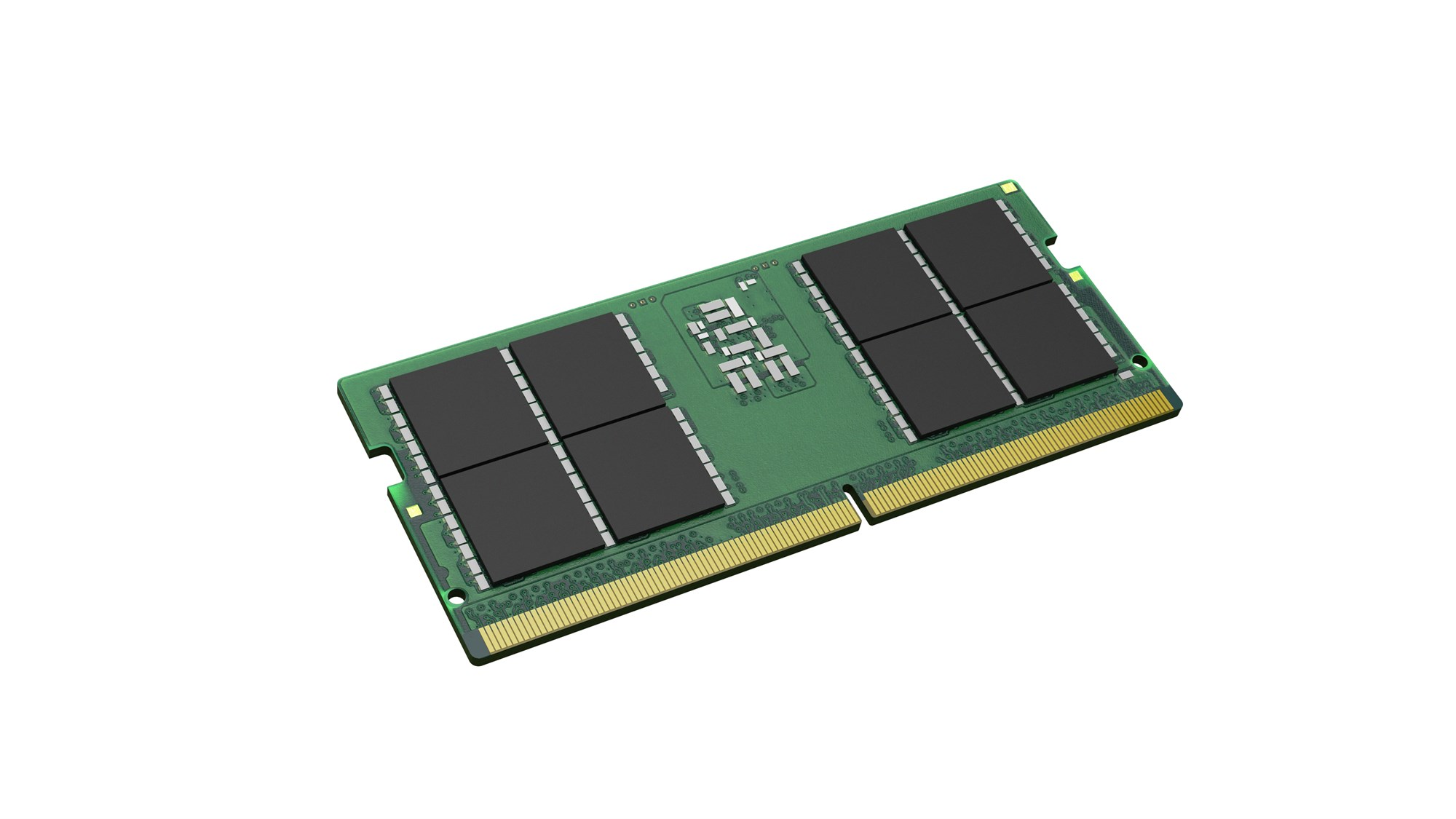 Beyaz arka planda siyah bellek yongalarına ve altın pinlere sahip yeşil laptop RAM'i.