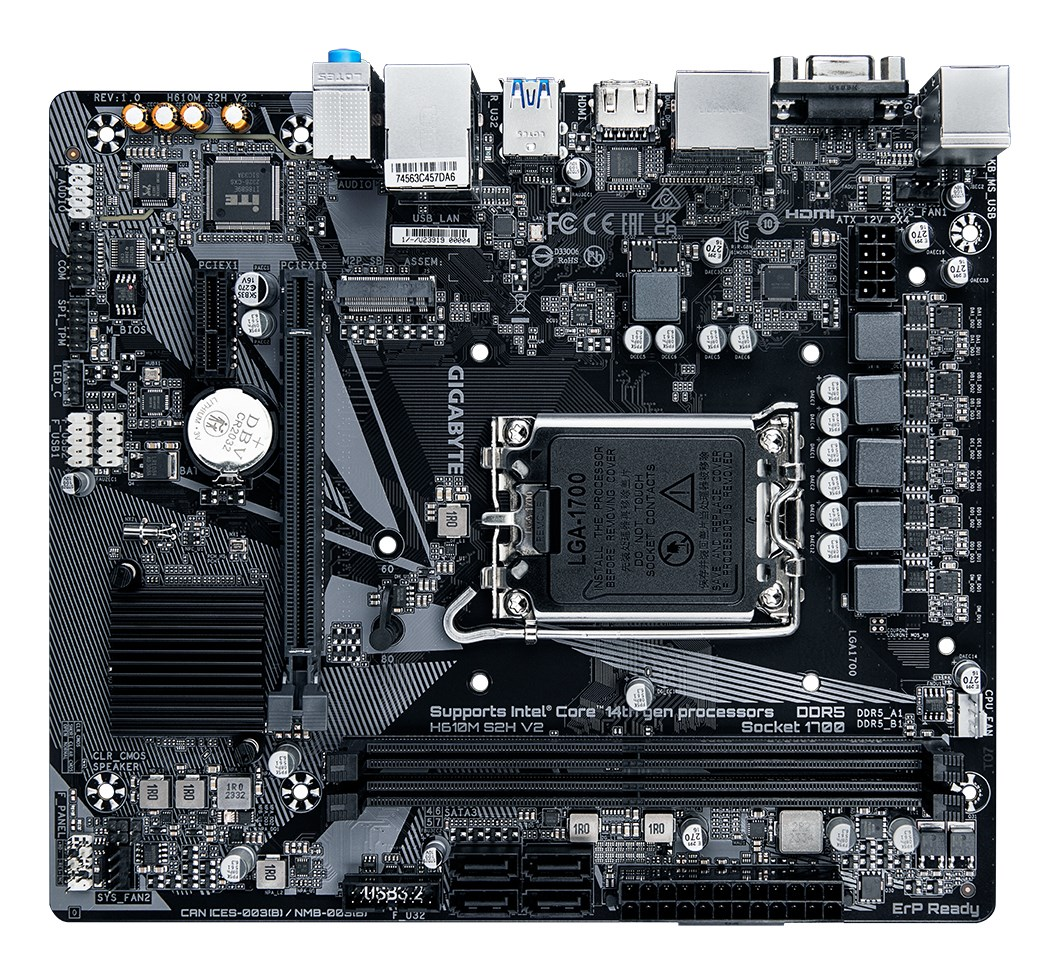 A black Gigabyte H610M S2H V2 motherboard with LGA 1700 socket, DDR5 slots, and various ports on a white background.