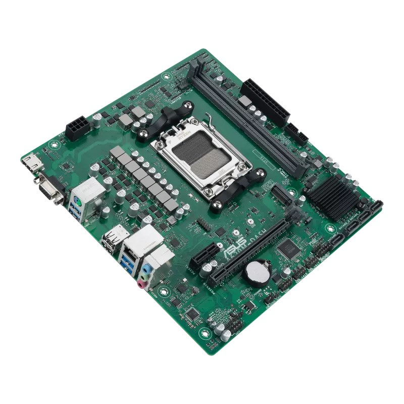 Grüne Computer-Hauptplatine mit CPU-Sockel, RAM-Steckplätzen und verschiedenen Anschlüssen.