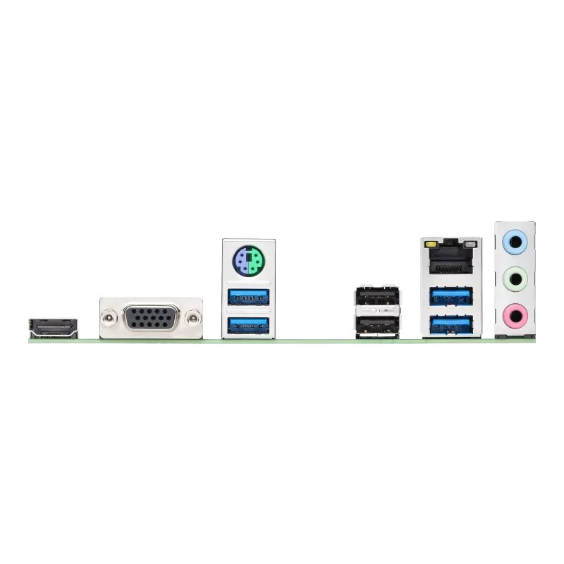 Computer-Motherboard-I/O-Blende mit Anschlüssen wie USB, Ethernet, Audio und VGA auf einer grünen Platine.