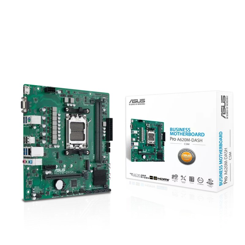 Grüne Asus Pro A620M-DASH CSM Business-Platine mit passender weißer Verpackung.