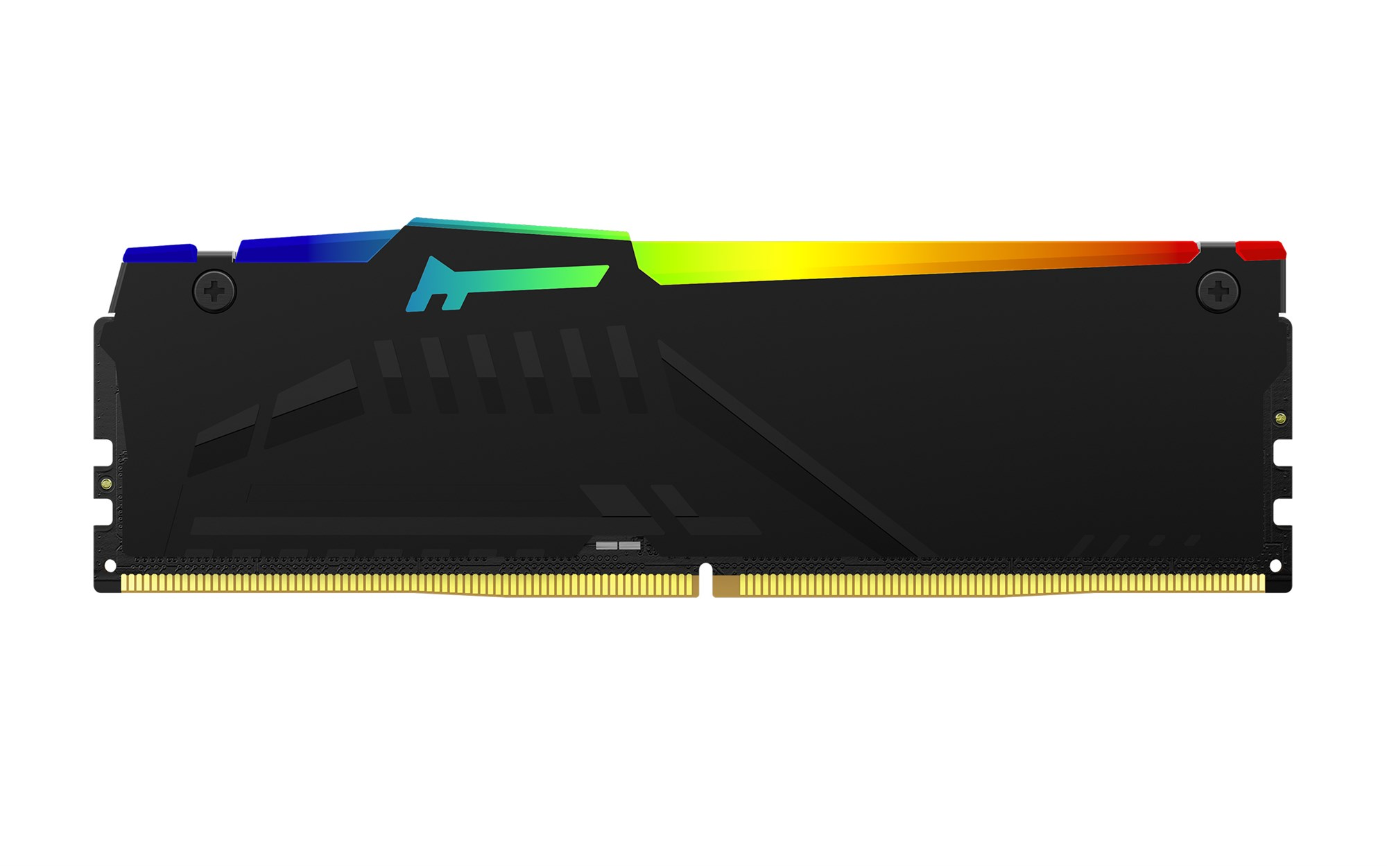 Czarny moduł pamięci RAM z wielokolorowym paskiem RGB u góry i złotymi stykami na dole.