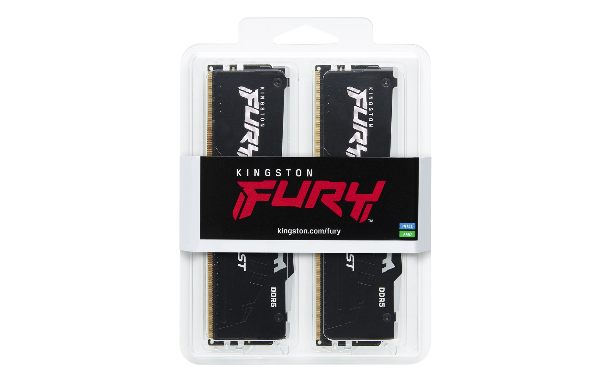 Dwie czarne kości pamięci RAM DDR5 Kingston Fury w przezroczystym blistrze z czarno-białą opaską.