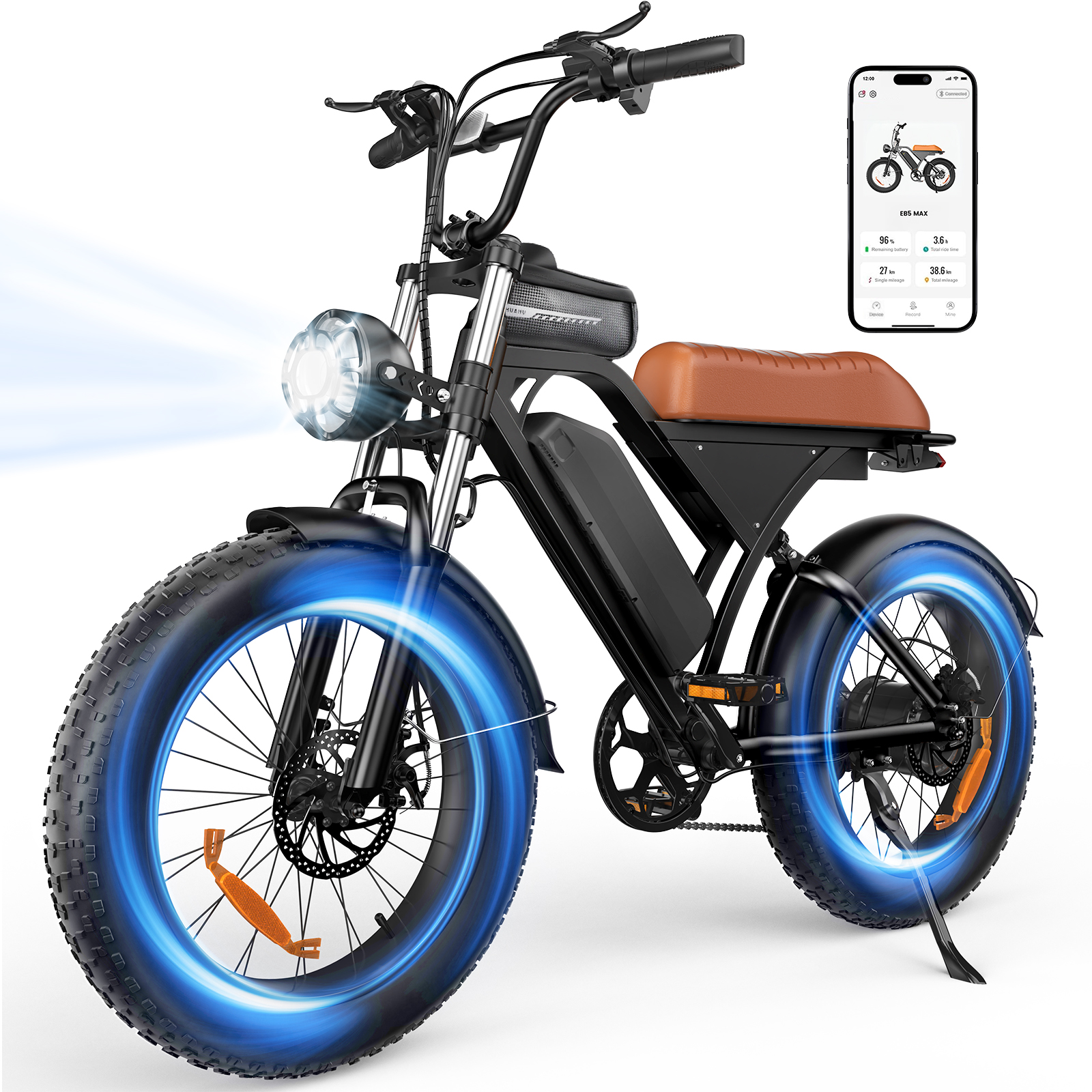 Schwarzes E-Bike mit breiten Reifen, braunem Sattel, hellem Scheinwerfer und verbundener Smartphone-App.