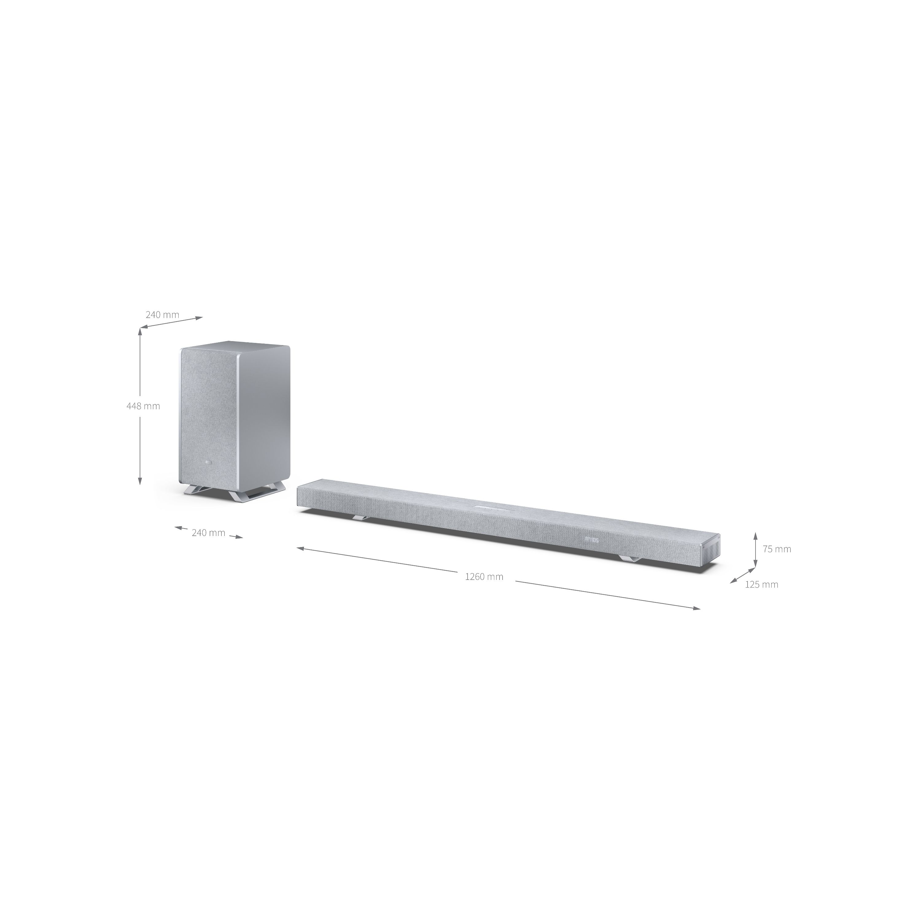 Graue Soundbar und Subwoofer mit Maßlinien und Abmessungen auf weißem Hintergrund.
