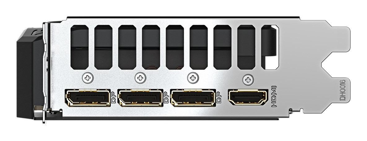 Pannello posteriore di una scheda grafica con tre porte DisplayPort e una HDMI.