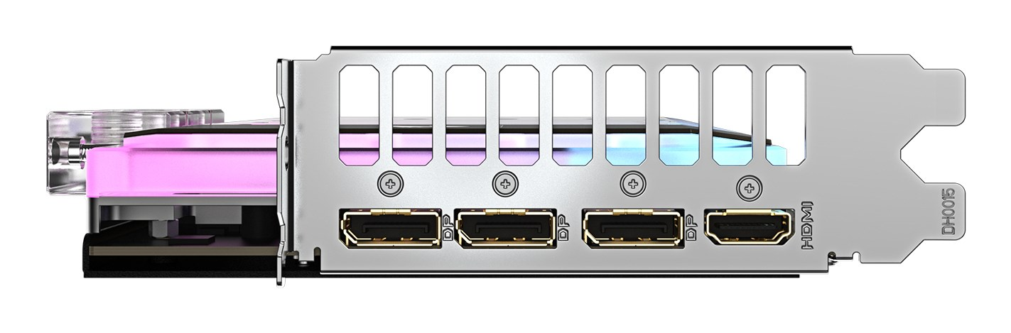Rückseite einer Grafikkarte mit drei DisplayPort-Anschlüssen und einem HDMI-Anschluss.