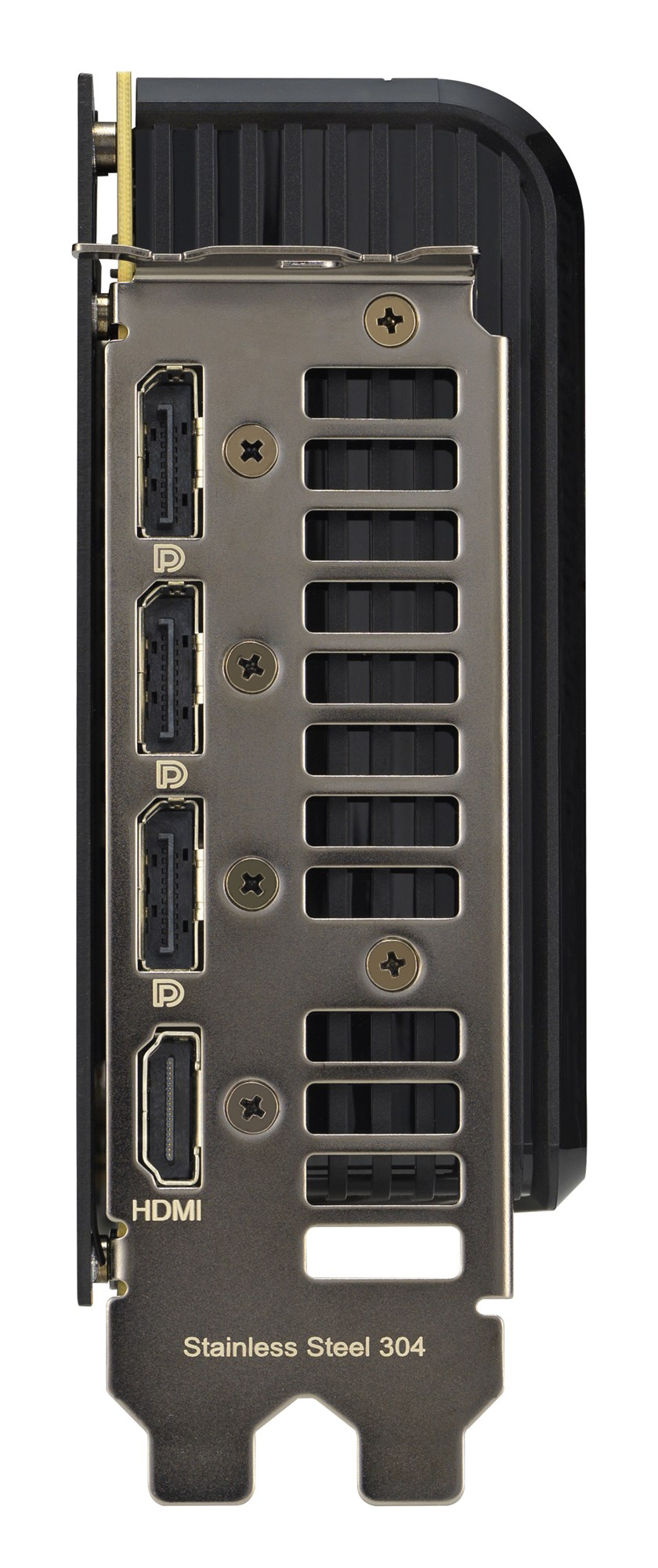 Pannello I/O posteriore di una scheda grafica con tre porte DisplayPort e una HDMI in acciaio inox 304.