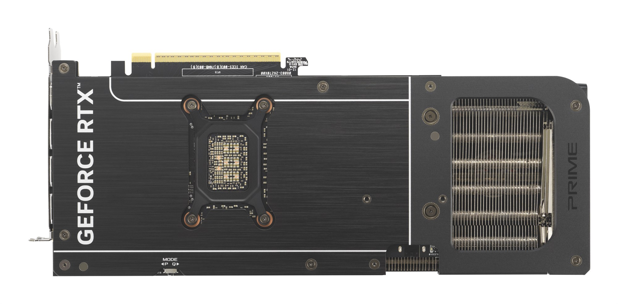 Rückseite einer schwarzen Grafikkarte mit GeForce RTX Logo und silberner Kühlrippenöffnung.