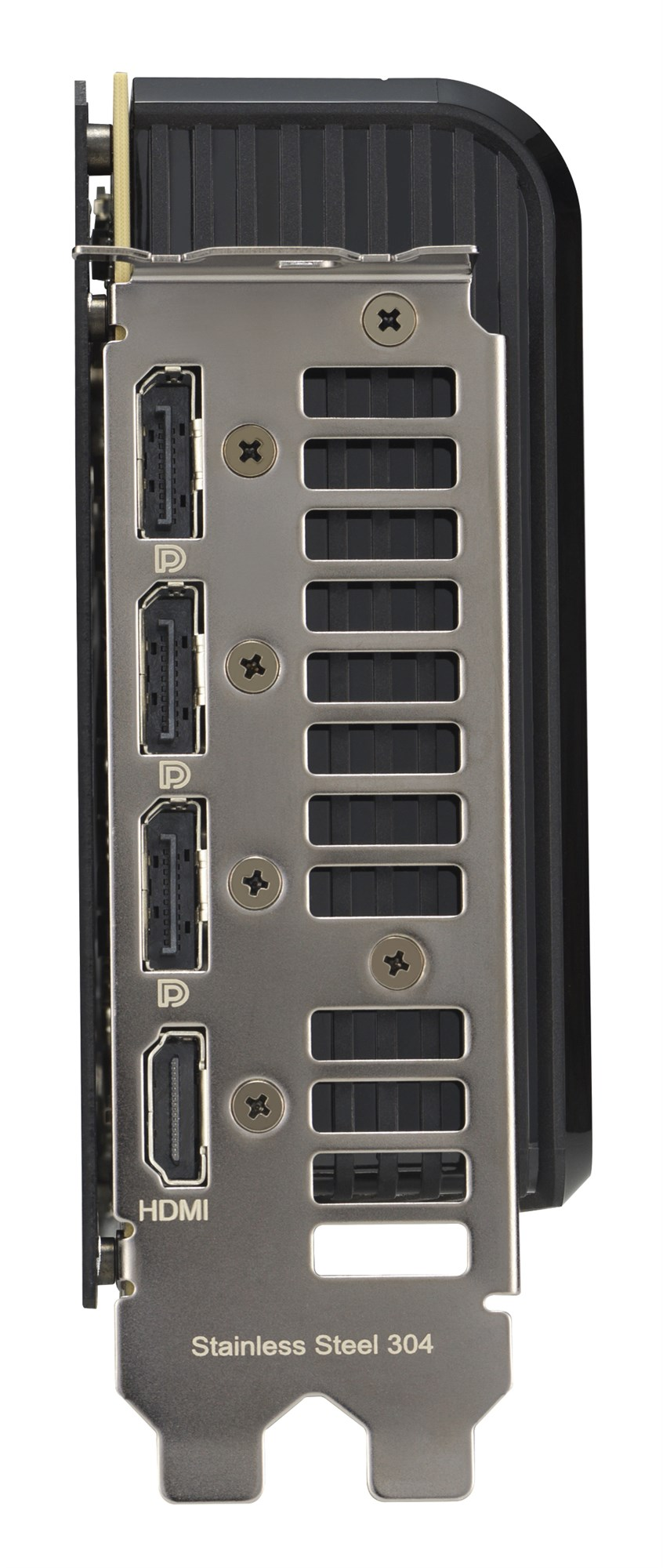 Rückseite einer Grafikkarte aus rostfreiem Stahl mit DisplayPort- und HDMI-Anschlüssen.