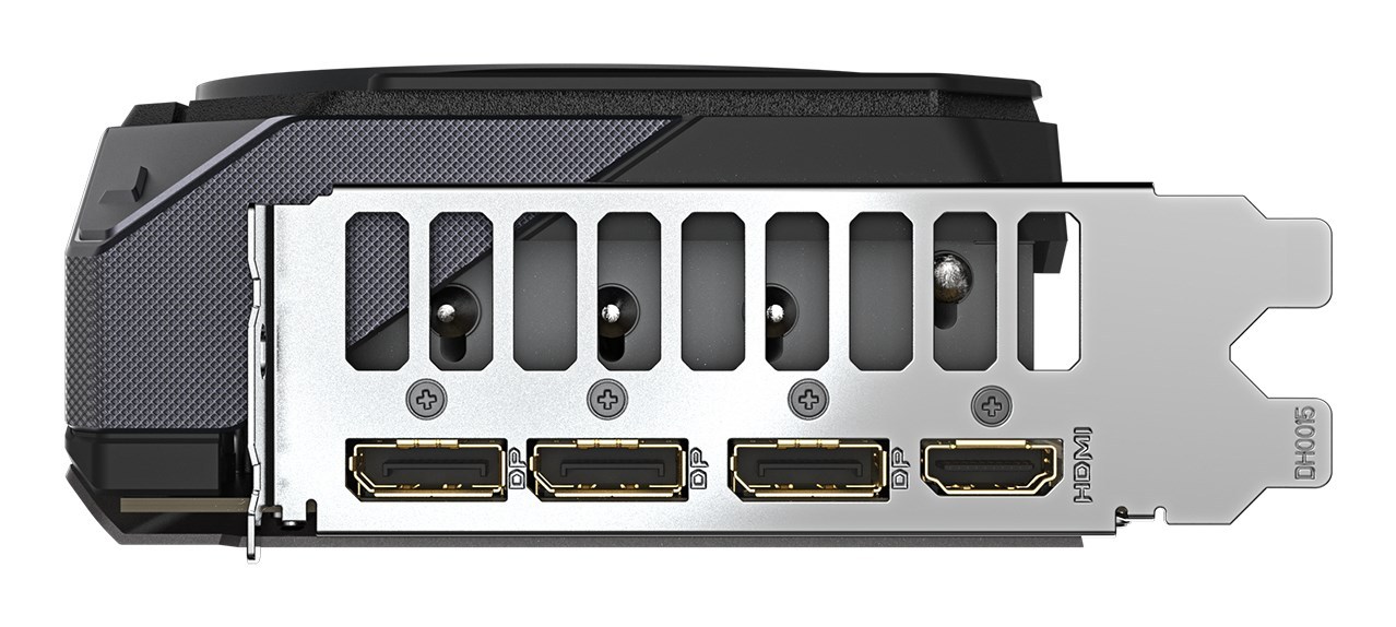 Panel trasero de una tarjeta gráfica con tres conectores DisplayPort y un puerto HDMI.