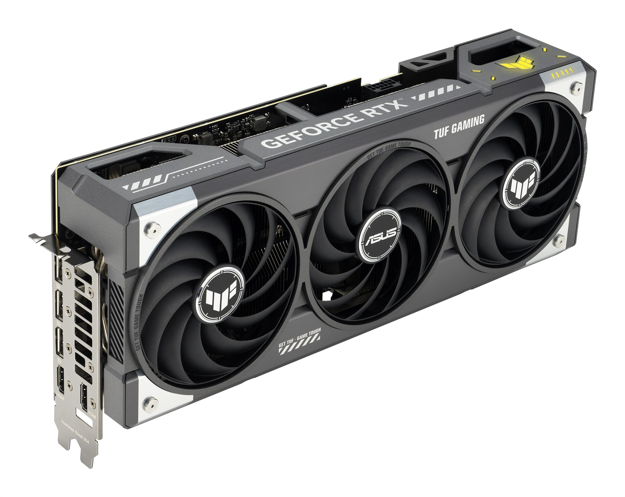 Una tarjeta gráfica gris Asus TUF Gaming GeForce RTX con tres ventiladores negros y puertos en fondo blanco.