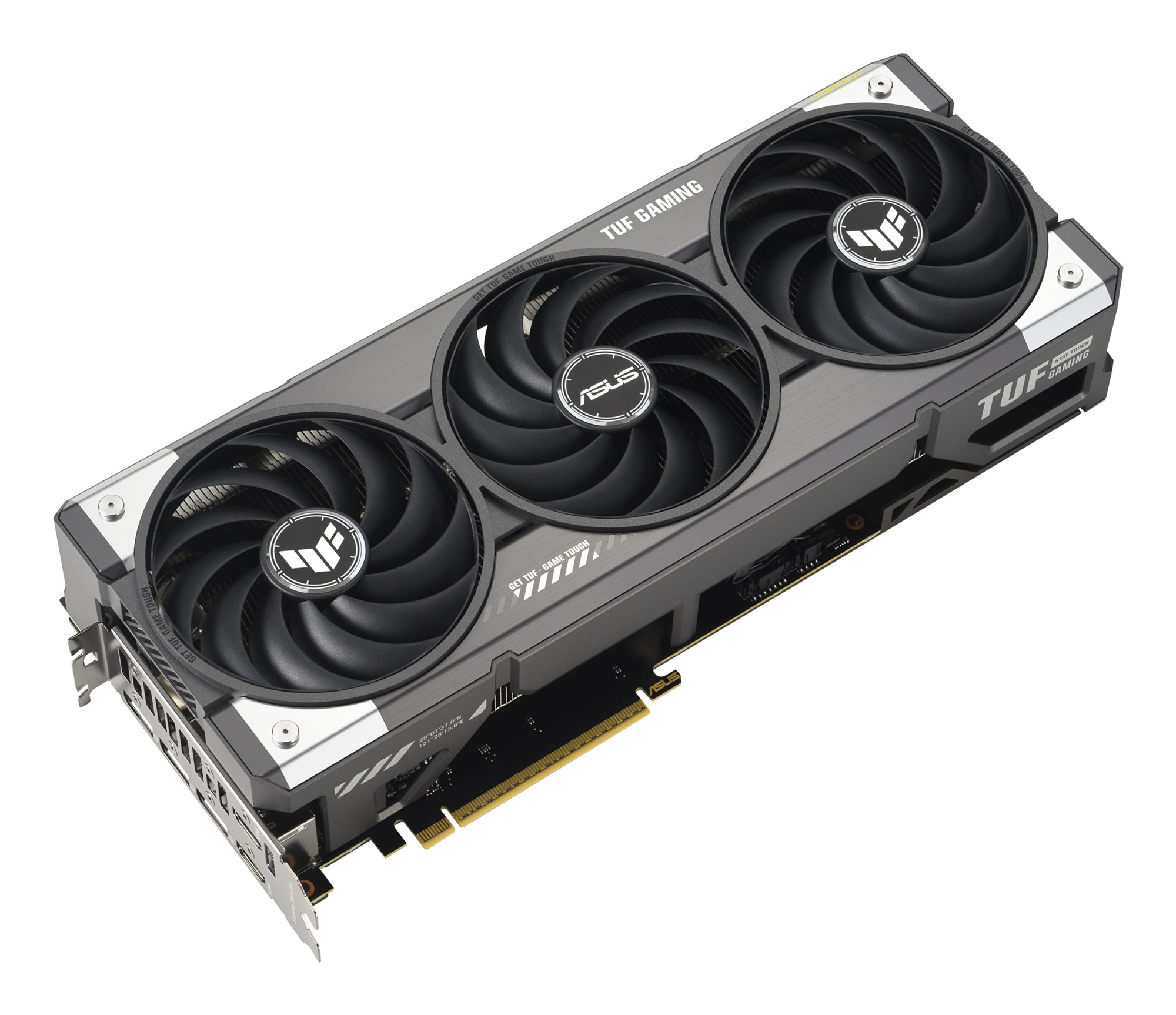 Tarjeta gráfica Asus TUF Gaming con tres ventiladores negros en un disipador gris sobre fondo blanco.