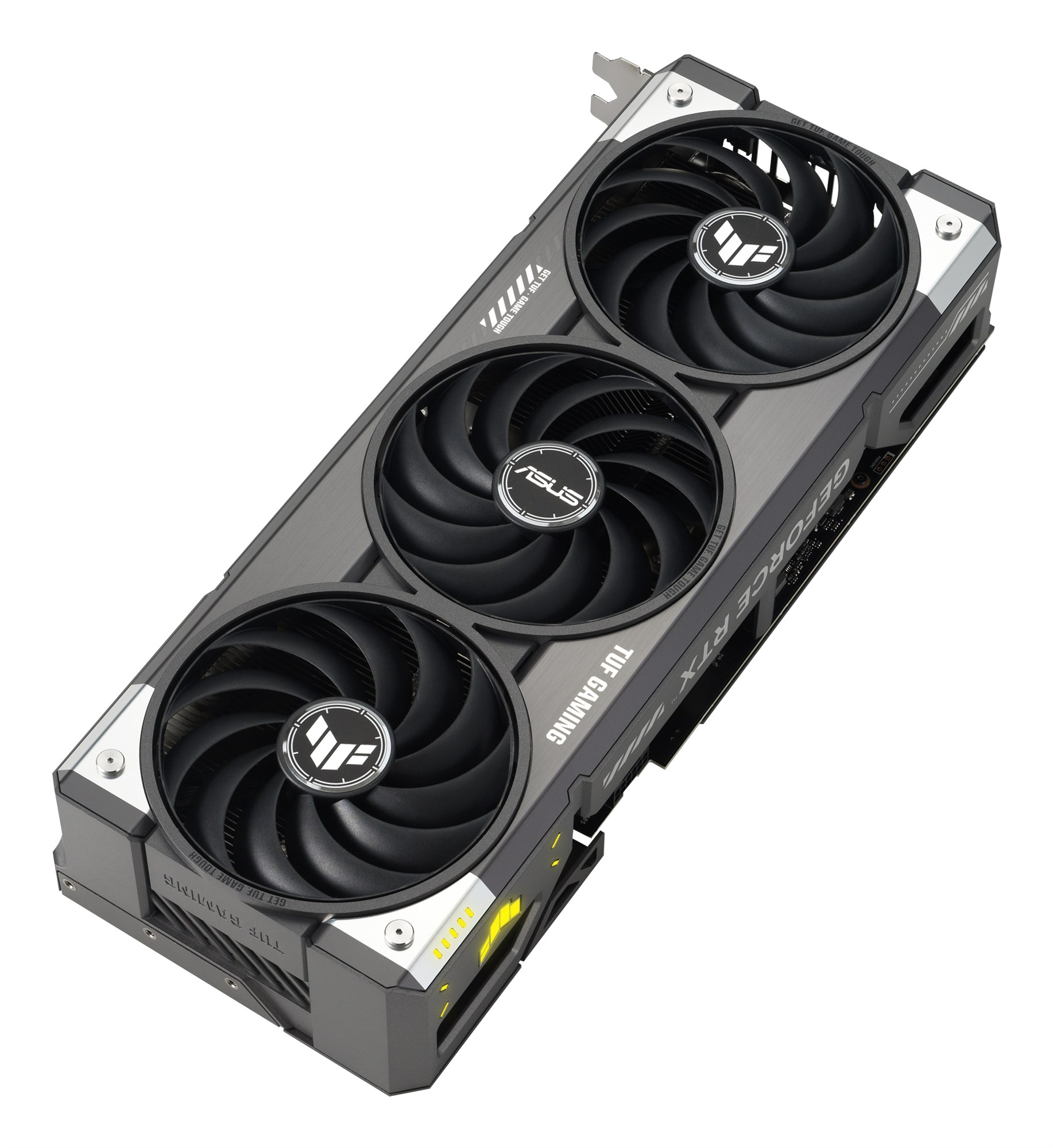 Una tarjeta gráfica negra Asus TUF Gaming con tres ventiladores sobre fondo blanco.