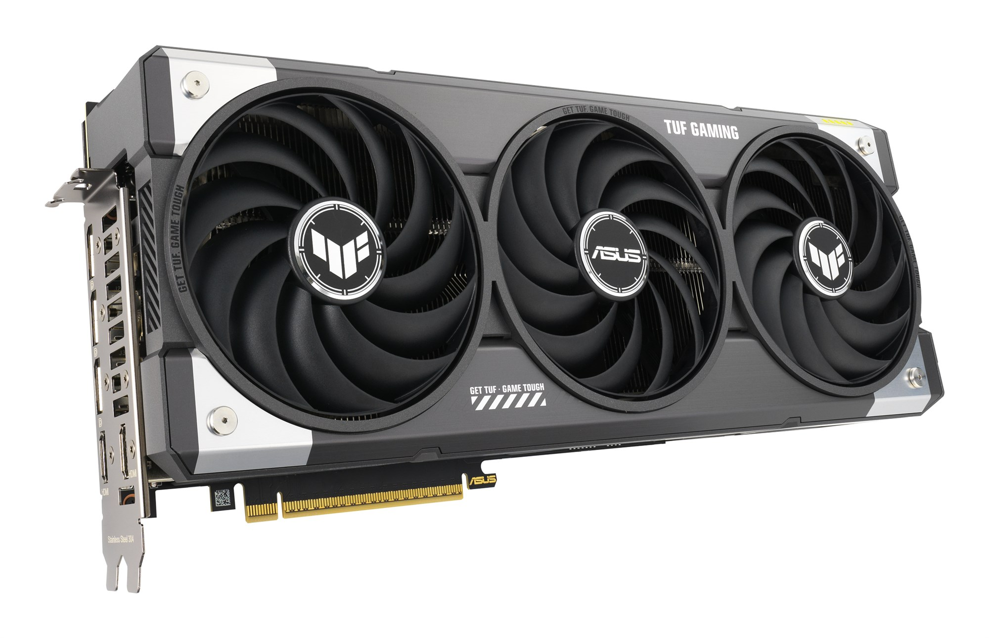Una tarjeta gráfica ASUS TUF Gaming negra y plateada con tres ventiladores sobre fondo blanco.