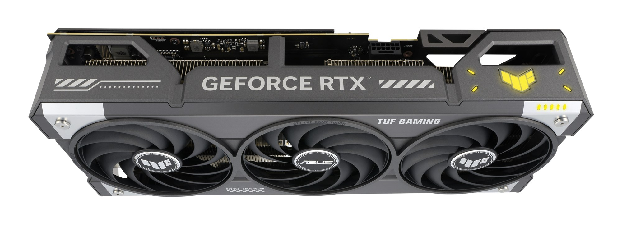 Una tarjeta gráfica ASUS TUF Gaming GeForce RTX gris con tres ventiladores negros sobre fondo blanco.