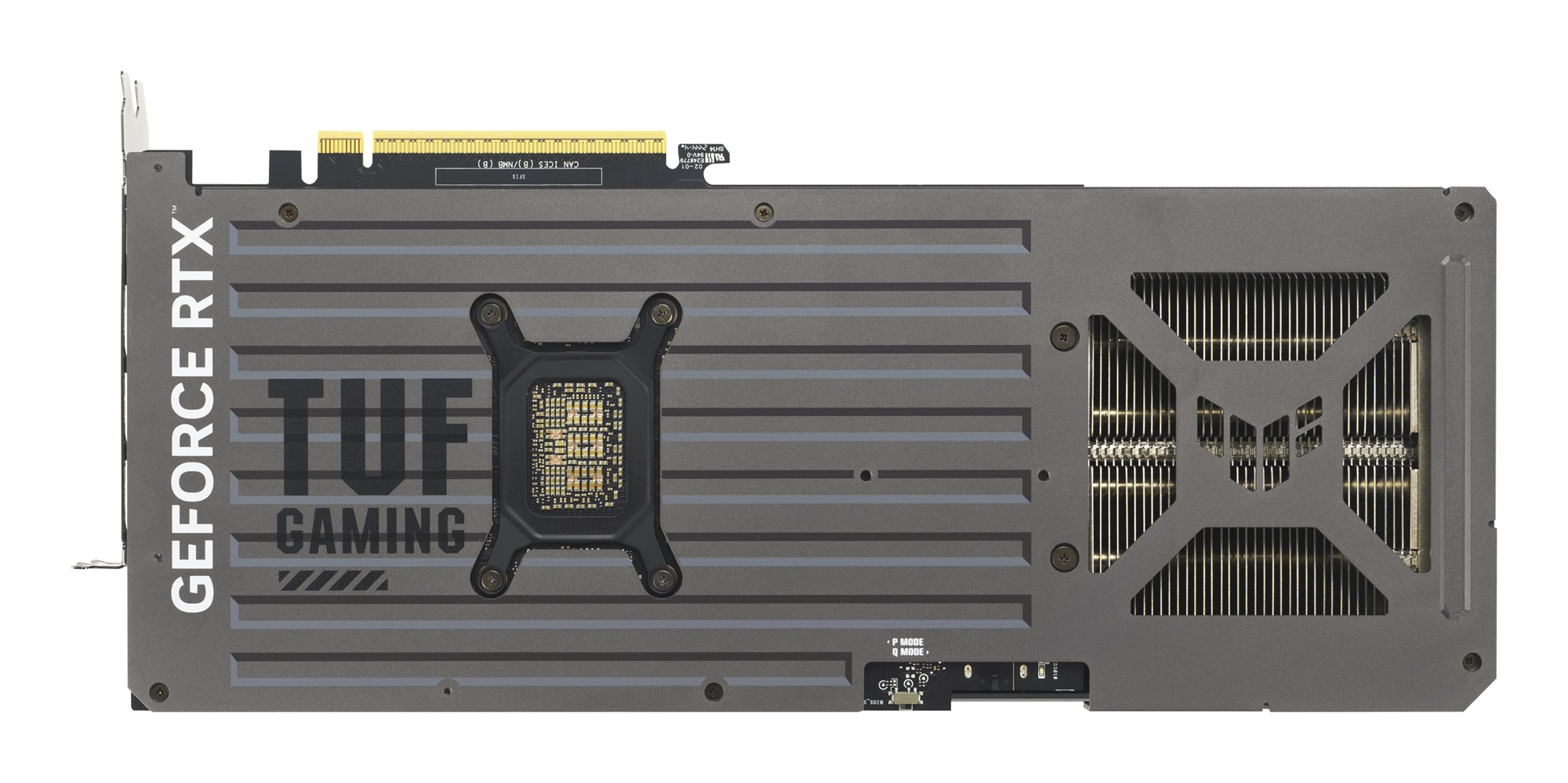 Una tarjeta gráfica gris ASUS TUF Gaming GeForce RTX con placa trasera y aletas de refrigeración.
