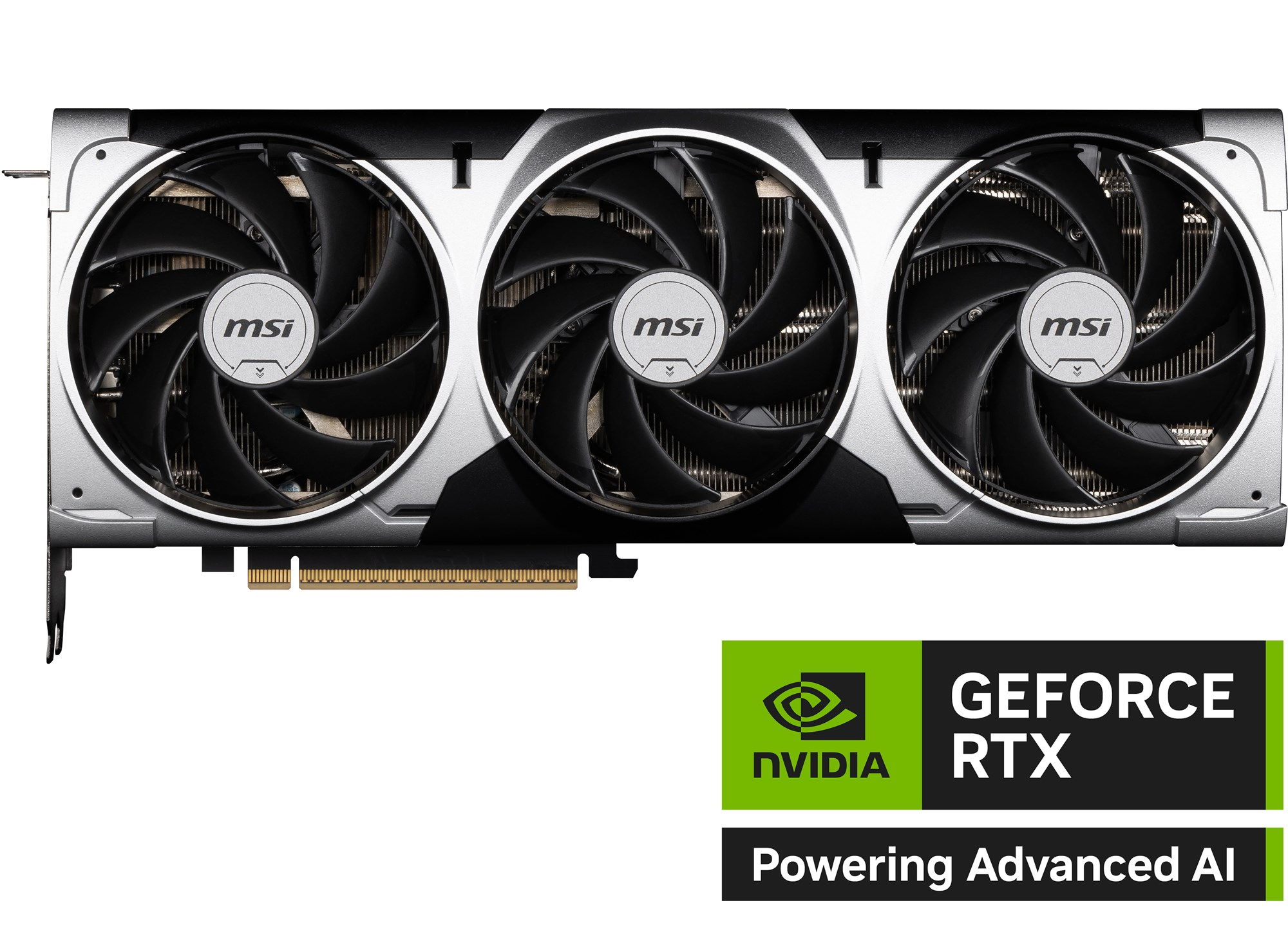 Karta graficzna MSI z trzema czarnymi wentylatorami i srebrnymi akcentami, w towarzystwie logo NVIDIA GeForce RTX.