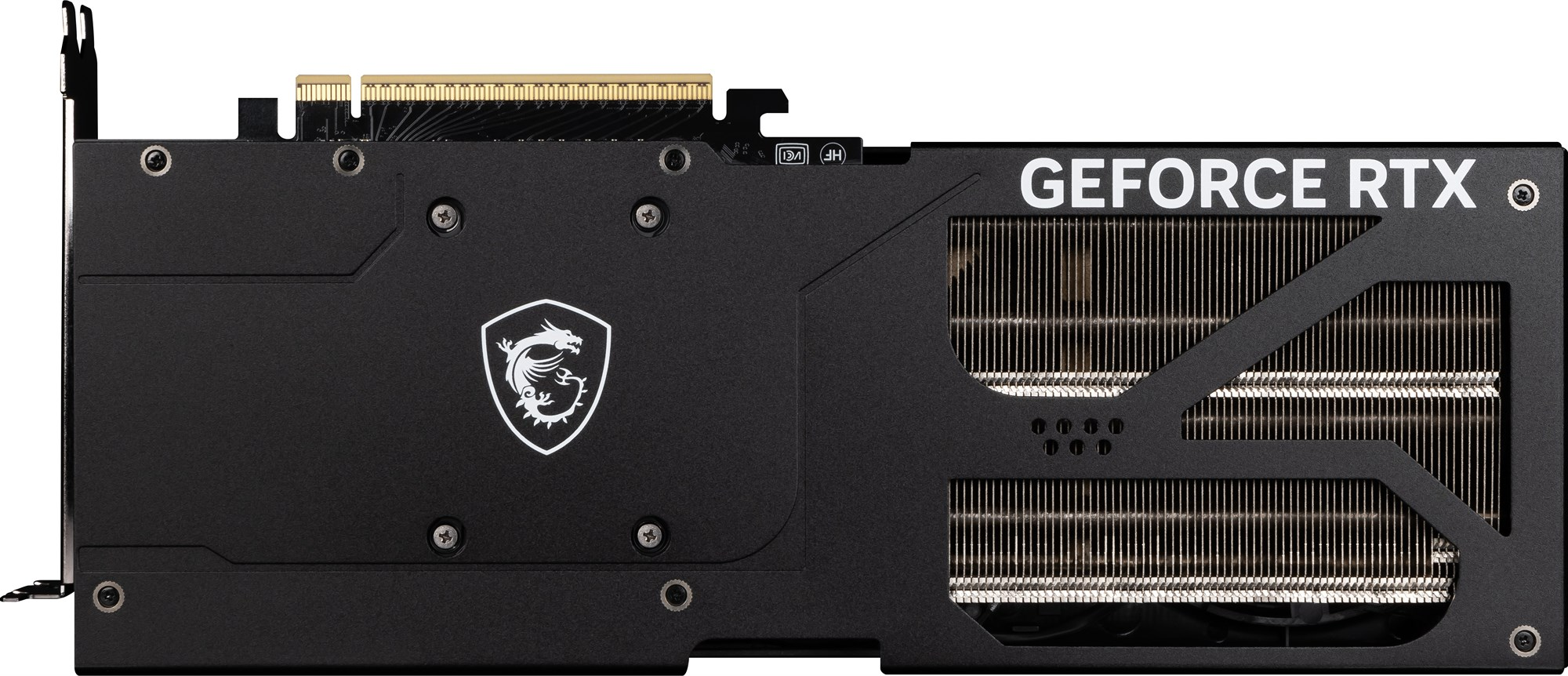 Czarna karta graficzna MSI GeForce RTX z żebrami chłodzącymi i białym logo.