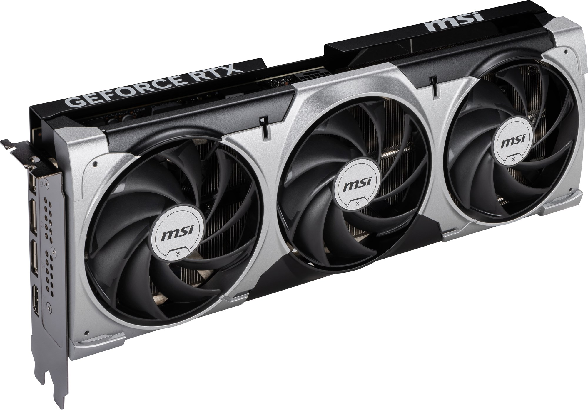Karta graficzna MSI GeForce RTX z trzema czarnymi wentylatorami i srebrną obudową na białym tle.