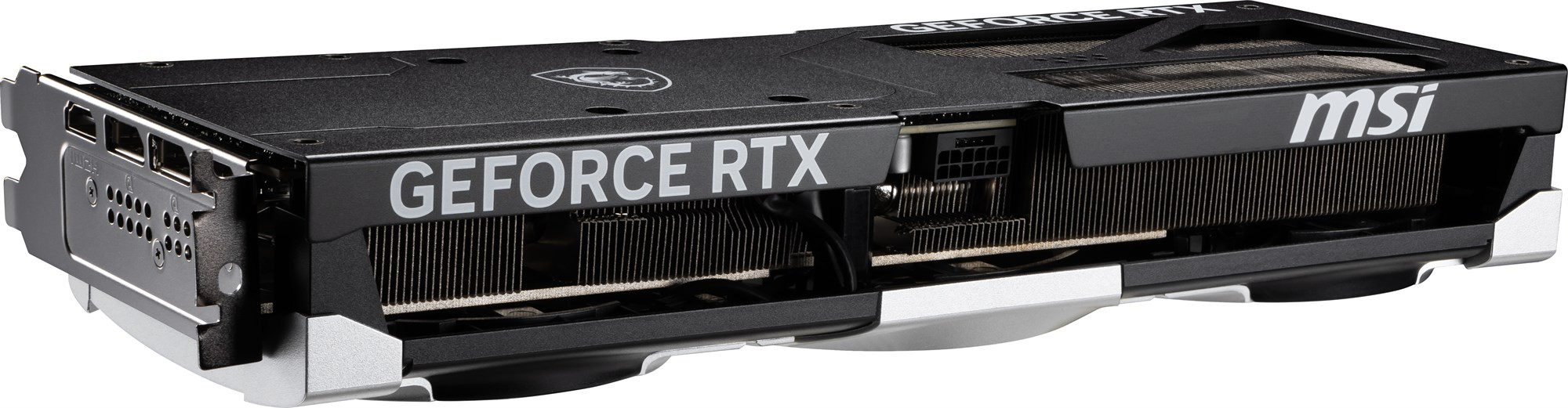 Czarna karta graficzna MSI GeForce RTX ze srebrnymi akcentami i żebrami chłodzącymi na białym tle.