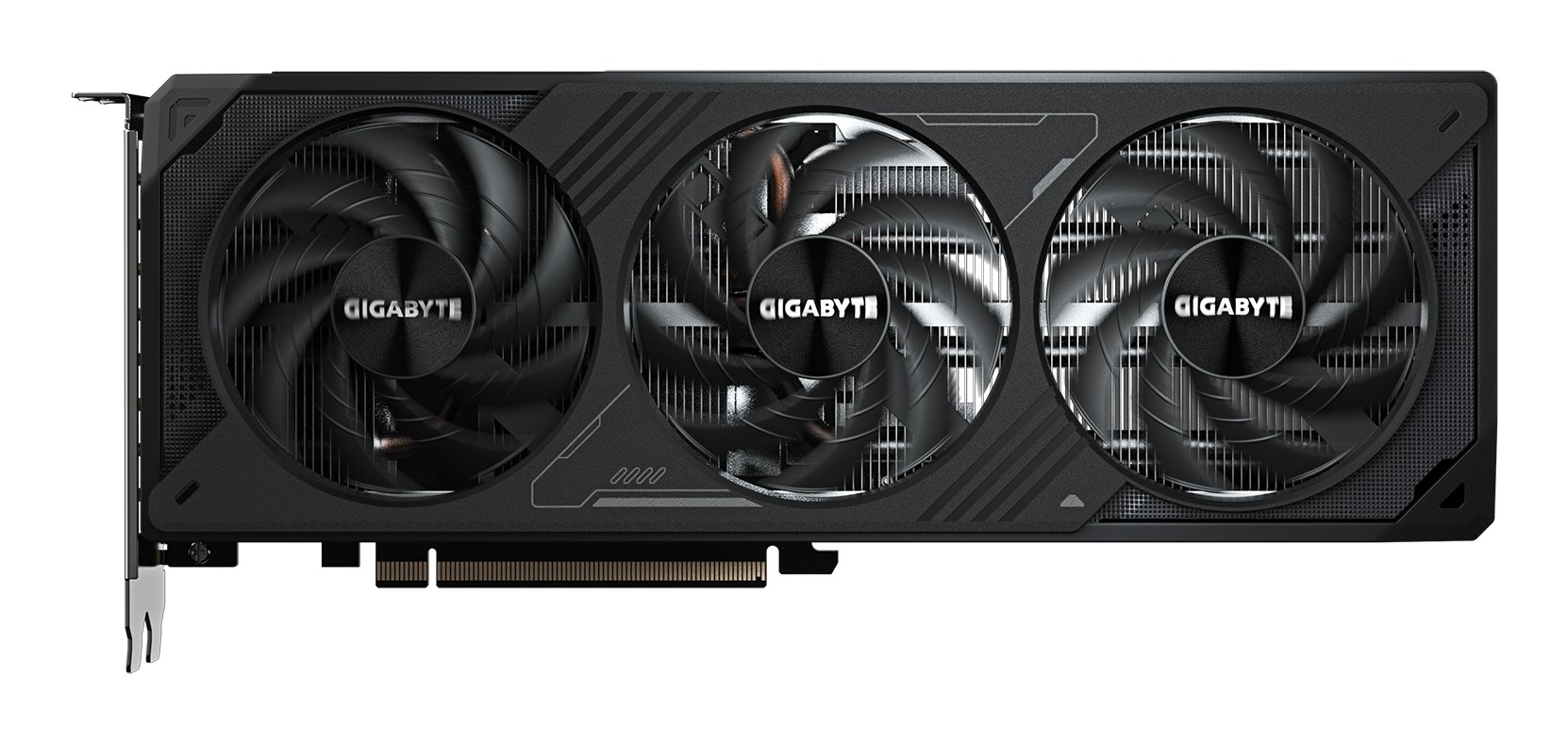 Schwarze Gigabyte-Grafikkarte mit drei Lüftern und Kühlrippen.